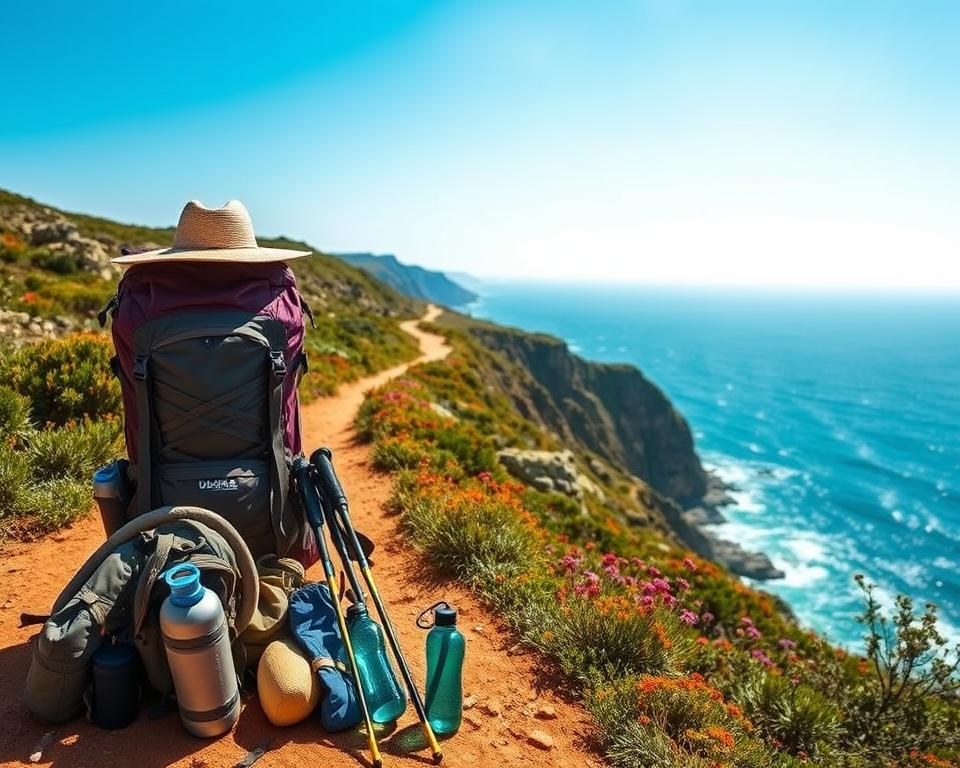 Wanderausrüstung für Küstenwanderung in Portugal