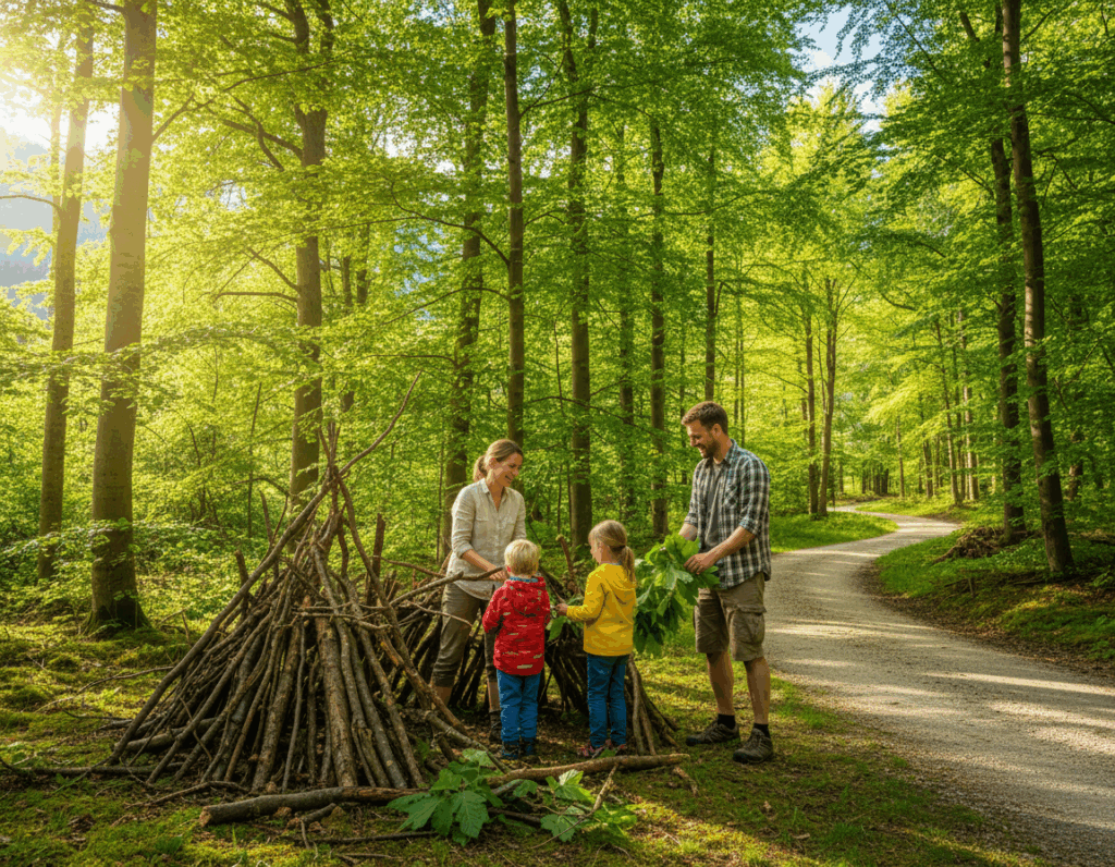 A beautiful forest scene in Farchant during a sunny day, showcasing a family enjoying a nature outing. In the foreground, a family of four—two adults and two children—are engaged in a fun activity like building a small nature fort from fallen branches and leaves. The adults wear modest casual clothing, while the children wear colorful, comfortable attire. In the middle ground, tall trees with vibrant green leaves provide a natural backdrop, and a clear, winding path leads deeper into the woods. In the background, soft sunlight filters through the treetops, casting gentle dappled shadows on the forest floor, enhancing the warm, inviting atmosphere. A hint of blue sky peeks through the leaves, suggesting a serene, inviting day outdoors. A beautiful forest scene in Farchant during a sunny day, showcasing a family enjoying a nature outing. In the foreground, a family of four—two adults and two children—are engaged in a fun activity like building a small nature fort from fallen branches and leaves. The adults wear modest casual clothing, while the children wear colorful, comfortable attire. In the middle ground, tall trees with vibrant green leaves provide a natural backdrop, and a clear, winding path leads deeper into the woods. In the background, soft sunlight filters through the treetops, casting gentle dappled shadows on the forest floor, enhancing the warm, inviting atmosphere. A hint of blue sky peeks through the leaves, suggesting a serene, inviting day outdoors.