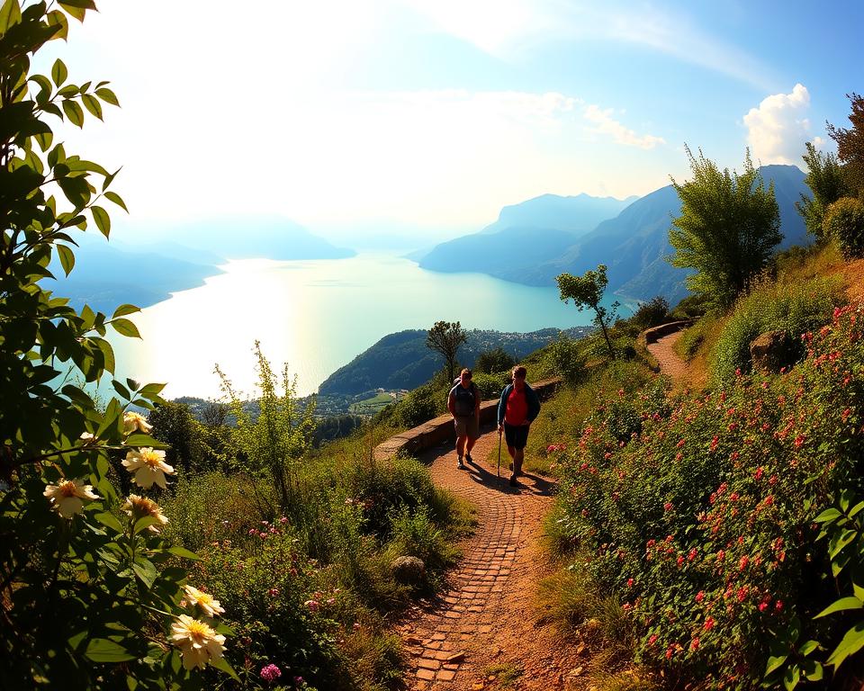 A breathtaking panorama of the "Panoramaweg Comer See" showcasing the scenic lakeside pathway. In the foreground, lush green foliage and blooming wildflowers frame the winding trail, inviting viewers to explore. The middle ground features hikers dressed in casual outdoor attire, traversing the path, surrounded by vibrant greenery and stunning views of Lake Como glistening under a warm afternoon sun. The background reveals the majestic mountains towering over the lake, partly shrouded in soft, wispy clouds. The lighting is warm and golden, creating an inviting atmosphere that emphasizes the natural beauty of the area. The angle is slightly elevated, capturing the expansive view of the lake and its picturesque surroundings, evoking a sense of adventure and tranquility.