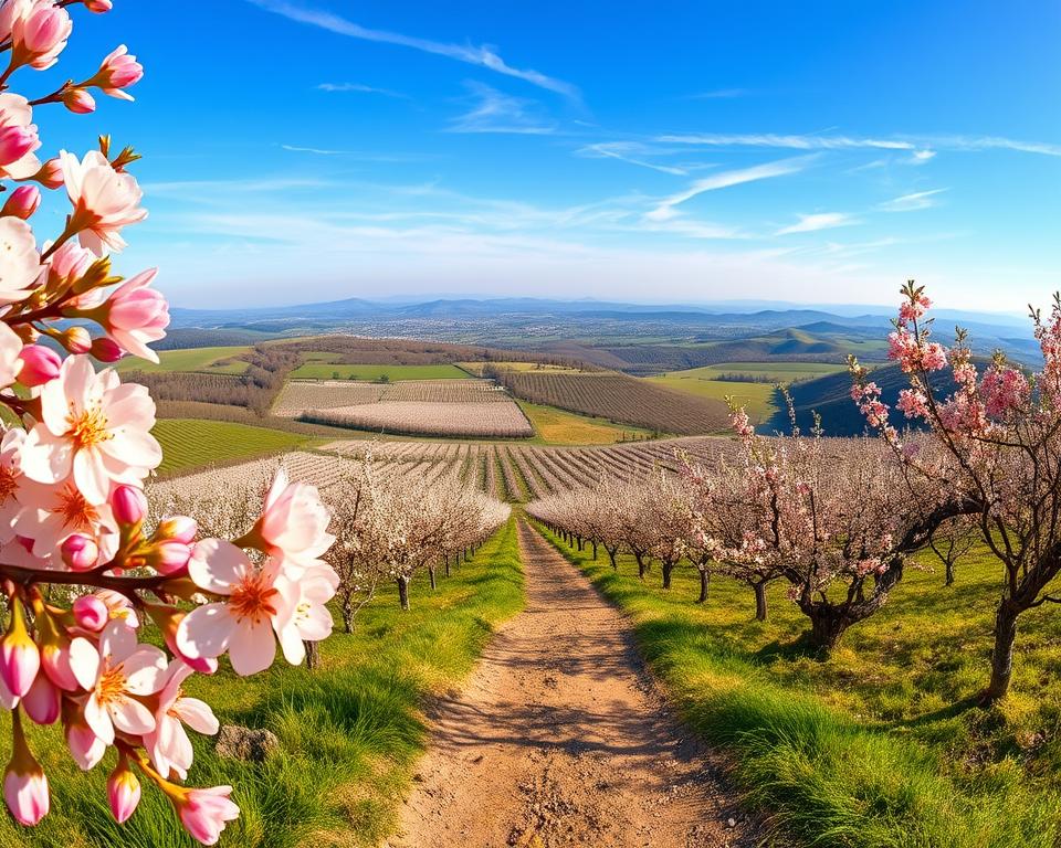 A breathtaking panorama of the Weinstrasse during almond blossom season, showcasing a vibrant landscape. In the foreground, delicate pink almond blossoms frame the path, their petals softly illuminated by warm, golden morning light. In the middle ground, a scenic hiking trail meanders through rolling hills adorned with rows of blossoming almond trees, surrounded by lush green vineyards. The background reveals distant mountains under a clear blue sky, with wisps of clouds adding depth. Capture the essence of early spring's renewal and serenity, evoking feelings of peace and joy. Use a wide-angle lens perspective to emphasize the expansive beauty of the region, ensuring a sharp focus on the blossoms while softly blurring the distant hills to create a dreamy atmosphere. A breathtaking panorama of the Weinstrasse during almond blossom season, showcasing a vibrant landscape. In the foreground, delicate pink almond blossoms frame the path, their petals softly illuminated by warm, golden morning light. In the middle ground, a scenic hiking trail meanders through rolling hills adorned with rows of blossoming almond trees, surrounded by lush green vineyards. The background reveals distant mountains under a clear blue sky, with wisps of clouds adding depth. Capture the essence of early spring's renewal and serenity, evoking feelings of peace and joy. Use a wide-angle lens perspective to emphasize the expansive beauty of the region, ensuring a sharp focus on the blossoms while softly blurring the distant hills to create a dreamy atmosphere.