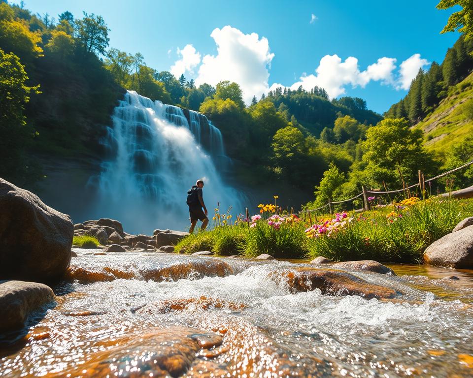 A breathtaking scene of the Kuhfluchtwasserfälle during the peak travel season, showcasing the cascading waterfalls in a lush, green landscape. In the foreground, sparkling water splashes over smooth rocks, glistening in the soft sunlight. The middle ground features vibrant wildflowers in various colors, adding a touch of life to the scene, while behind them, the waterfalls tumble dramatically down steep cliffs, surrounded by dense, verdant trees. The background displays a clear blue sky with a few fluffy white clouds, creating a serene atmosphere. Captured with a wide-angle lens to emphasize the grandeur of the waterfalls, the lighting is warm and inviting, evoking a sense of adventure and tranquility in nature.