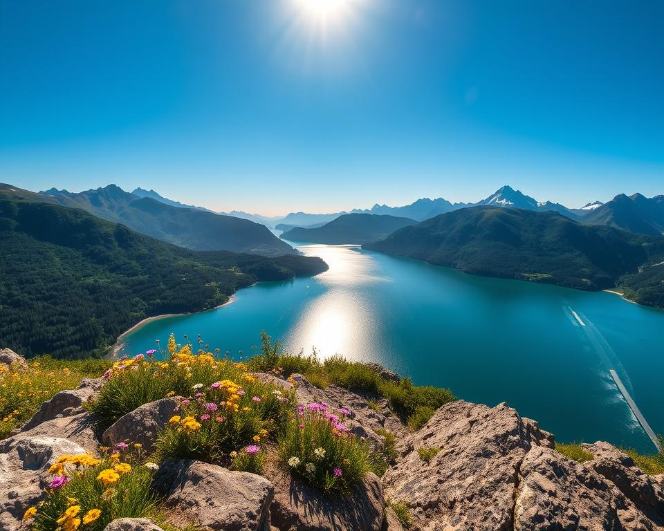 A breathtaking view from the Aussichtspunkt Walchensee, capturing a panoramic vista of the pristine Walchensee lake surrounded by lush, green mountains under a clear blue sky. In the foreground, a rocky outcrop adorned with vibrant wildflowers, showcasing peaks in the distance. The middle ground features the shimmering lake reflecting the sunlight, with gentle waves lapping against the shoreline. In the background, majestic Alps rise dramatically, their snow-capped summits contrasting with the warmth of the sunny day. The image is captured at sunrise, casting a soft golden light across the scene, enhancing the tranquil and serene atmosphere. The perspective is slightly elevated, inviting viewers to immerse themselves in the natural beauty of the outdoors.