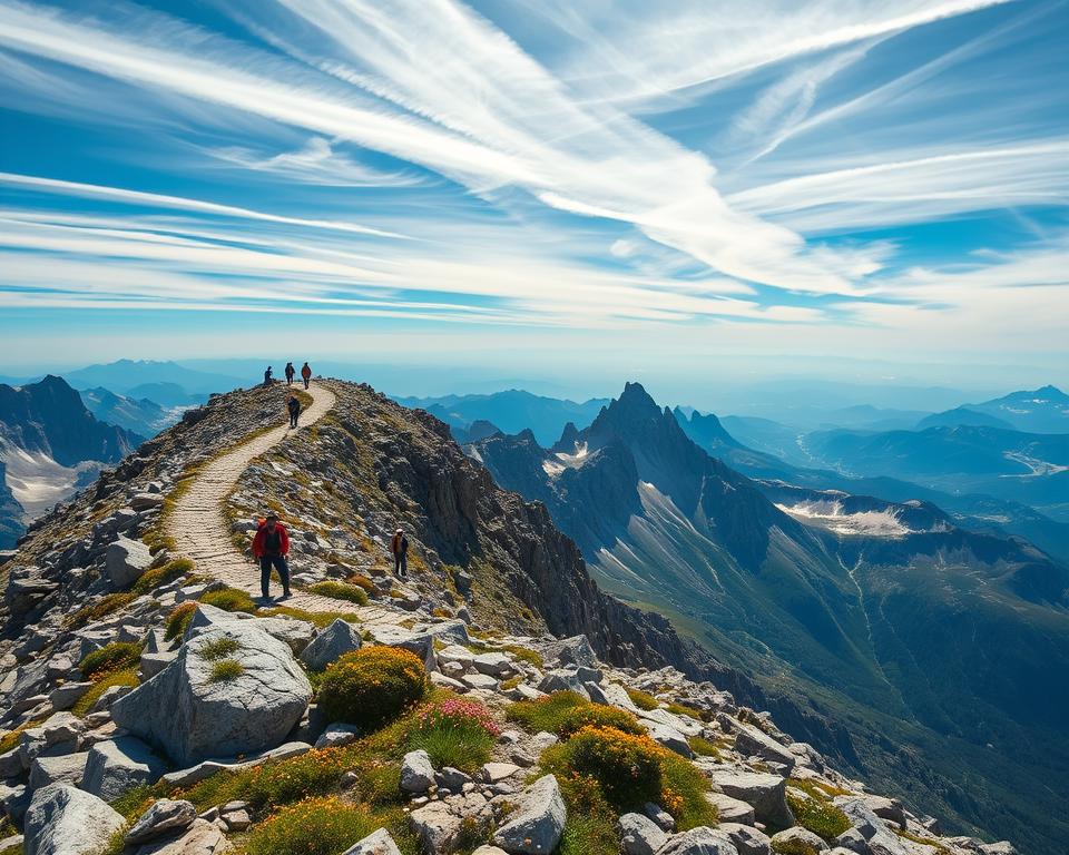 A breathtaking view from the summit of Zugspitze, showcasing a panoramic landscape that highlights the rugged beauty of the Bavarian Alps. In the foreground, a rocky terrain with a winding hiking trail leading up to the summit, surrounded by scattered patches of vibrant alpine flowers. In the middle ground, climbers in modest casual clothing are seen navigating the steep slopes, appearing engaged and focused on their hike. The background features towering mountain peaks, stark cliffs, and a stunning blue sky with wispy white clouds. The image is illuminated by soft, natural daylight, adding warmth and enhancing the textures of the rocks and snow. Capture the essence of adventure and challenge, evoking a sense of both awe and determination in this alpine environment. A breathtaking view from the summit of Zugspitze, showcasing a panoramic landscape that highlights the rugged beauty of the Bavarian Alps. In the foreground, a rocky terrain with a winding hiking trail leading up to the summit, surrounded by scattered patches of vibrant alpine flowers. In the middle ground, climbers in modest casual clothing are seen navigating the steep slopes, appearing engaged and focused on their hike. The background features towering mountain peaks, stark cliffs, and a stunning blue sky with wispy white clouds. The image is illuminated by soft, natural daylight, adding warmth and enhancing the textures of the rocks and snow. Capture the essence of adventure and challenge, evoking a sense of both awe and determination in this alpine environment.