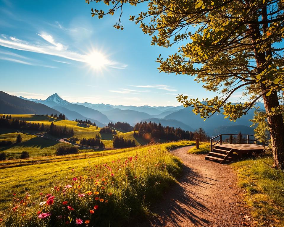 A breathtaking view of Aussichtspunkt Thierseetal during golden hour, capturing the essence of pristine nature. In the foreground, a gently winding path lined with colorful wildflowers leads the eye toward a wooden observation platform. The midground reveals lush, green rolling hills dotted with clusters of dense trees, while the background showcases majestic snow-capped mountains under a clear blue sky, with a few wispy clouds. Dappled sunlight filters through the branches, creating a soft, warm glow that enhances the serene atmosphere. The angle should be slightly elevated to provide an expansive vista of the landscape, capturing the tranquility and beauty of Thierseetal in all its glory, inviting viewers to embrace the outdoors.