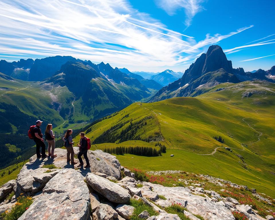 A breathtaking view of Benediktenwand, showcasing its majestic peaks and lush green valleys. In the foreground, a rocky outcrop with a small group of hikers dressed in comfortable outdoor attire, gazing at the scenery. In the middle ground, the rolling hills are dotted with vibrant wildflowers, and a winding path leads deeper into the landscape. The background reveals the dramatic mountain range under a bright blue sky with wispy white clouds, capturing the essence of a clear alpine day. The lighting is warm and inviting, suggesting early morning or late afternoon, with soft shadows that enhance the natural textures. Overall, the atmosphere is serene and inspiring, ideal for nature lovers and adventurers.