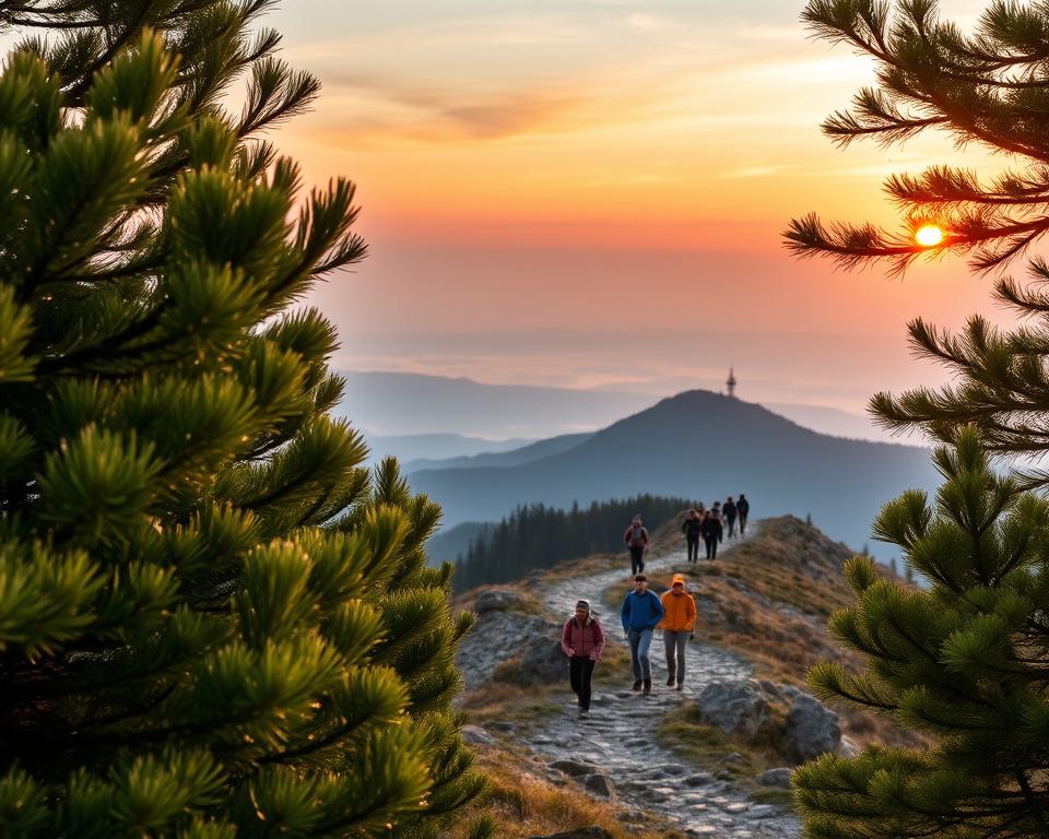 A breathtaking view of Brocken, the highest peak in the Harz Mountains, during a vibrant sunrise. In the foreground, lush green pine trees frame the scene, their needles glistening with dew. In the middle ground, a winding hiking trail leads toward the summit, dotted with energetic hikers dressed in modest outdoor clothing, capturing the spirit of adventure. The background features the dramatic silhouette of Brocken, adorned with its iconic observation tower against a pastel sky painted in hues of orange, pink, and soft blue. The atmosphere should feel serene and invigorating, evoking the beauty of nature and the thrill of exploration. The image is captured with a wide-angle lens to emphasize the panoramic landscape, bathed in soft golden light.