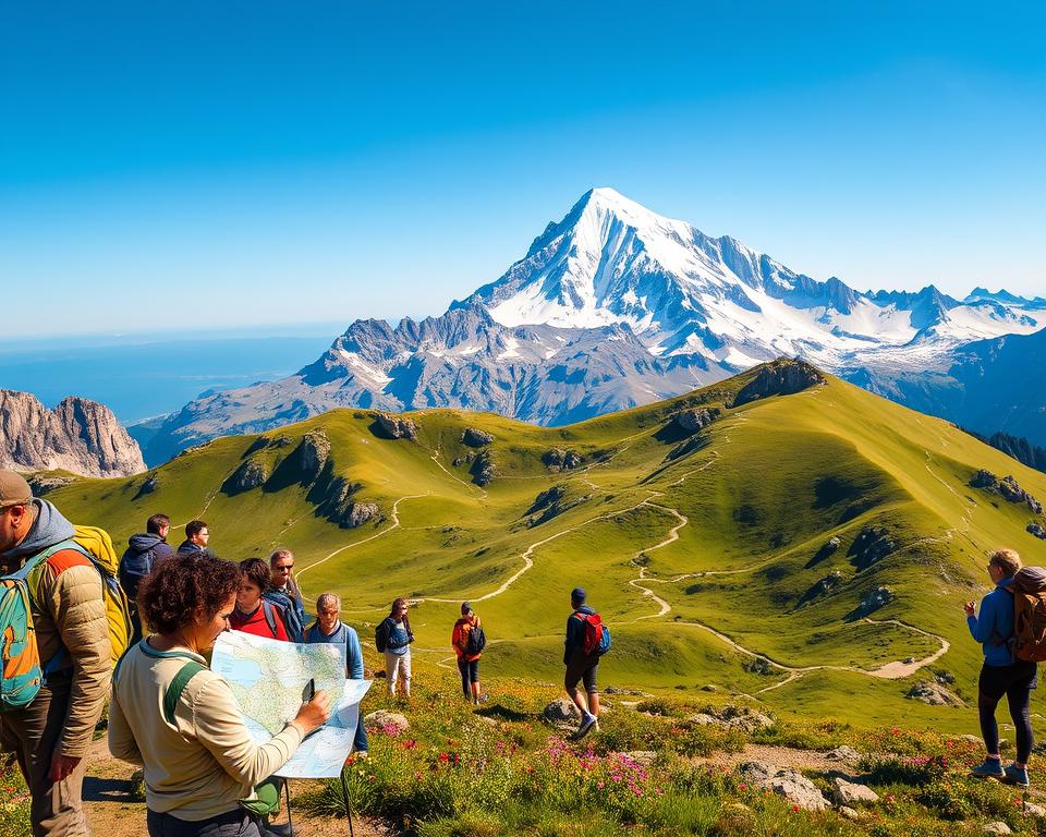 A breathtaking view of Zugspitze, the highest peak in Germany, showcasing various hiking routes leading to the summit. In the foreground, depict a diverse group of hikers equipped with trekking gear, some studying a detailed map, symbolizing the comparison of different trails. The middle ground features winding trails etched into lush green slopes, dotted with rocky outcrops and vibrant alpine flowers. In the background, the majestic Zugspitze looms under a clear blue sky, its snow-capped summit glistening in the sunlight. The lighting is soft and warm, highlighting the scene with an inviting and adventurous atmosphere. Capture the perspective from a slightly elevated angle to emphasize the grandeur of the mountain and the complexity of the hiking routes. A breathtaking view of Zugspitze, the highest peak in Germany, showcasing various hiking routes leading to the summit. In the foreground, depict a diverse group of hikers equipped with trekking gear, some studying a detailed map, symbolizing the comparison of different trails. The middle ground features winding trails etched into lush green slopes, dotted with rocky outcrops and vibrant alpine flowers. In the background, the majestic Zugspitze looms under a clear blue sky, its snow-capped summit glistening in the sunlight. The lighting is soft and warm, highlighting the scene with an inviting and adventurous atmosphere. Capture the perspective from a slightly elevated angle to emphasize the grandeur of the mountain and the complexity of the hiking routes.