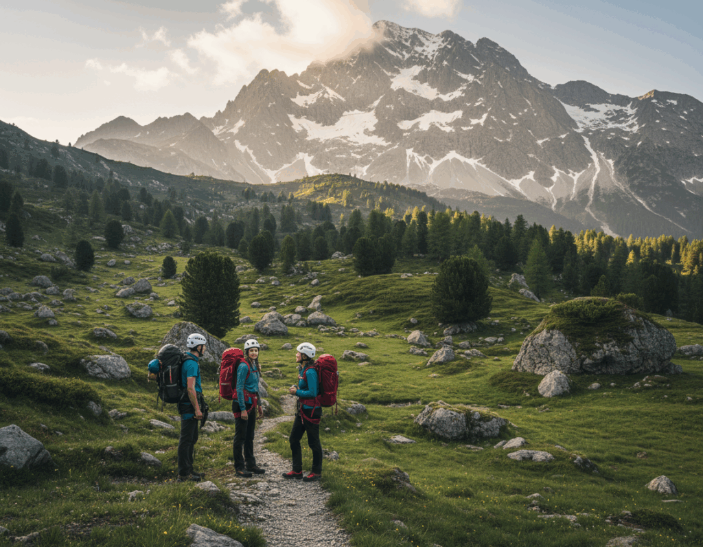 A breathtaking view of hikers on the Reintal Route leading to Zugspitze, showcasing the majestic mountain towering in the background. In the foreground, a group of three hikers, dressed in professional outdoor clothing with safety gear, pause to observe the path ahead. The middle ground features rugged alpine terrain with lush greenery and scattered boulders, hinting at the challenges of the hike. Sunlight breaks through the clouds, casting dramatic shadows on the mountainside, enhancing the sense of adventure. The mood is both exhilarating and cautious, emphasizing the beauty and the potential dangers of the trail. Use a wide-angle shot with soft, natural lighting to capture the vastness and serenity of the landscape, ensuring a realistic and inviting atmosphere without any text or overlays.