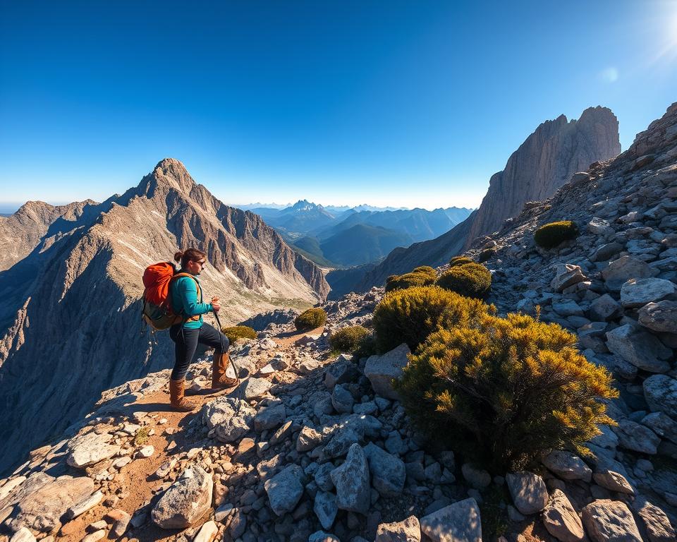 A breathtaking view of the Benediktenwand mountain range, showcasing a rocky summit area with challenging terrain. In the foreground, a hiker wearing professional outdoor attire cautiously navigates a narrow, rugged path, demonstrating trepidation and focus. The middle ground features steep cliffs and scattered boulders, accentuating the difficulty of the ascent. In the background, majestic peaks rise under a clear blue sky, illuminated by warm sunlight, creating a vibrant contrast with the shadows cast by the rocks. The atmosphere is one of adventure and determination, capturing the essence of a challenging hiking experience, with a slight breeze gently rustling through nearby shrubs. The scene is shot with a wide-angle lens, emphasizing the grandeur of the landscape and the compactness of the hiker against the imposing backdrop.