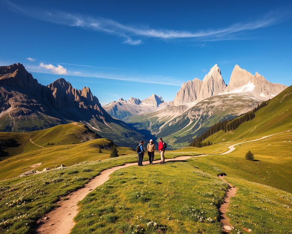 A breathtaking view of the Benediktenwand mountain range, showcasing rugged cliffs and green alpine meadows. In the foreground, a winding hiking trail leads towards the mountains, peppered with small wildflowers. The middle ground features a few hikers dressed in modest, casual clothing, engaged in conversation as they stop to admire the scenery, embodying the spirit of exploration and camaraderie. In the background, the imposing Benediktenwand peaks rise sharply against a clear blue sky, with wisps of clouds gently floating by. The scene is bathed in warm, golden sunlight, creating a welcoming atmosphere that conveys both tranquility and adventure. The composition is captured from a slightly elevated angle, emphasizing the grandeur of the landscape and the hikers’ journey.