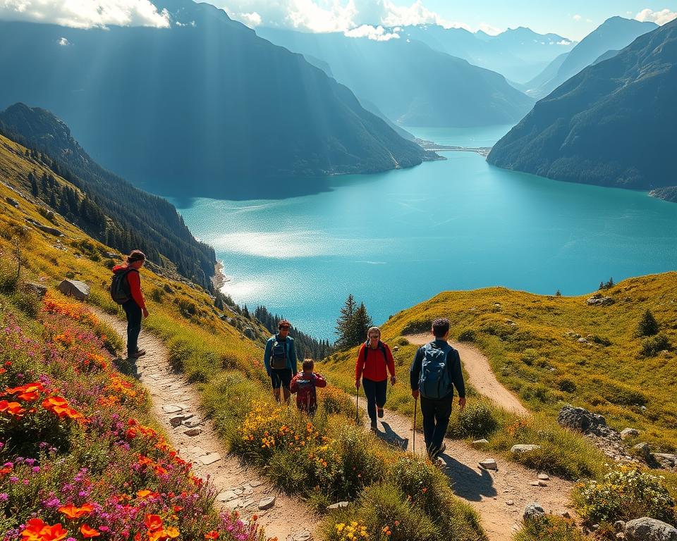 A breathtaking view of the Comer See, highlighting a scenic multi-day hiking route. In the foreground, a winding trail bordered by vibrant wildflowers and lush greenery leads towards the shimmering blue waters of the lake. The middle ground features hikers dressed in modest outdoor gear, enjoying the stunning landscape, with some pausing to take pictures. The background showcases the majestic mountains, partially shrouded in mist, creating an inviting atmosphere for adventure. The scene is illuminated by soft, golden sunlight, casting gentle shadows and enhancing the colors. The angle is slightly elevated, capturing both the trail and the expansive view of the lake, emphasizing the serenity and beauty of the region. The overall mood is peaceful and adventurous, inviting exploration of the scenic routes around the lake.