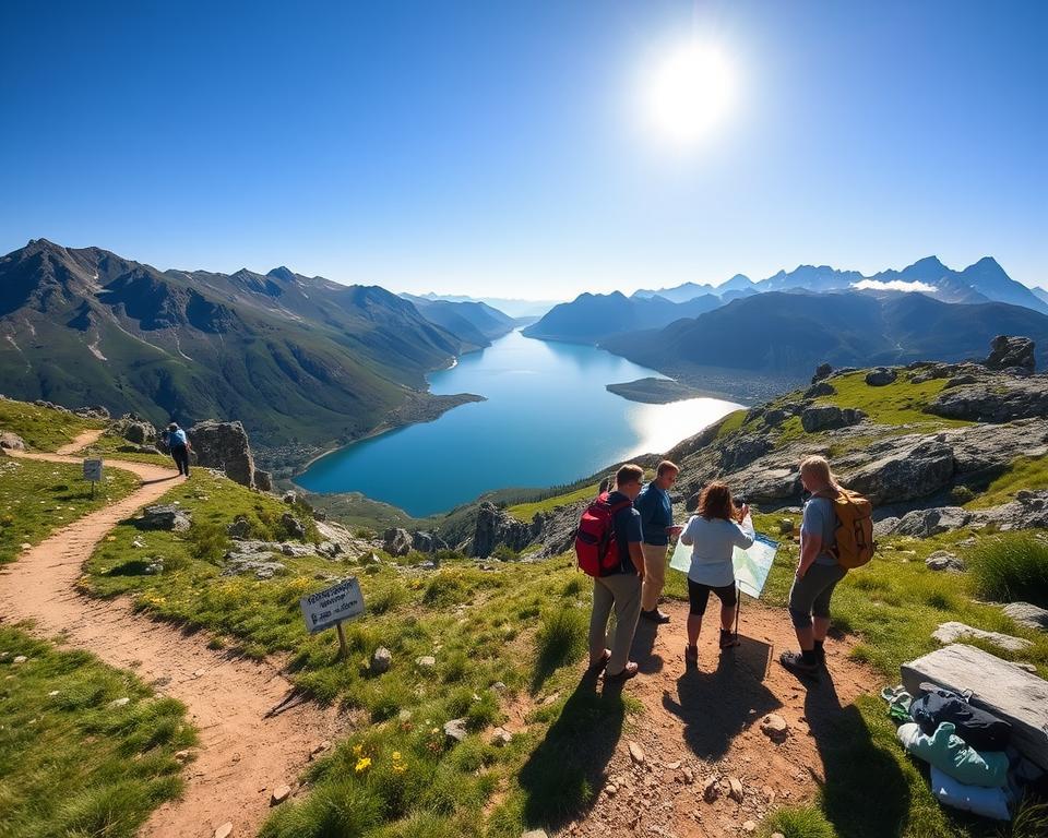 A breathtaking view of the Comer See hiking trails showcasing varying difficulty levels. In the foreground, a winding path with distinct elevation markers and gradient signs indicates different trail difficulties—lightly traveled paths for beginners to rugged, steep sections for advanced hikers. In the middle ground, hikers of diverse backgrounds are seen at various skill levels, dressed in modest hiking attire, looking at a detailed map with elevation profiles. The background features the stunning, serene lake surrounded by majestic mountains under a clear blue sky. The sunlight creates a warm, inviting atmosphere, accentuating the lush greenery and rocky terrain. The scene is captured with a wide-angle lens to emphasize the scale and beauty of the landscape, evoking a sense of adventure and exploration.