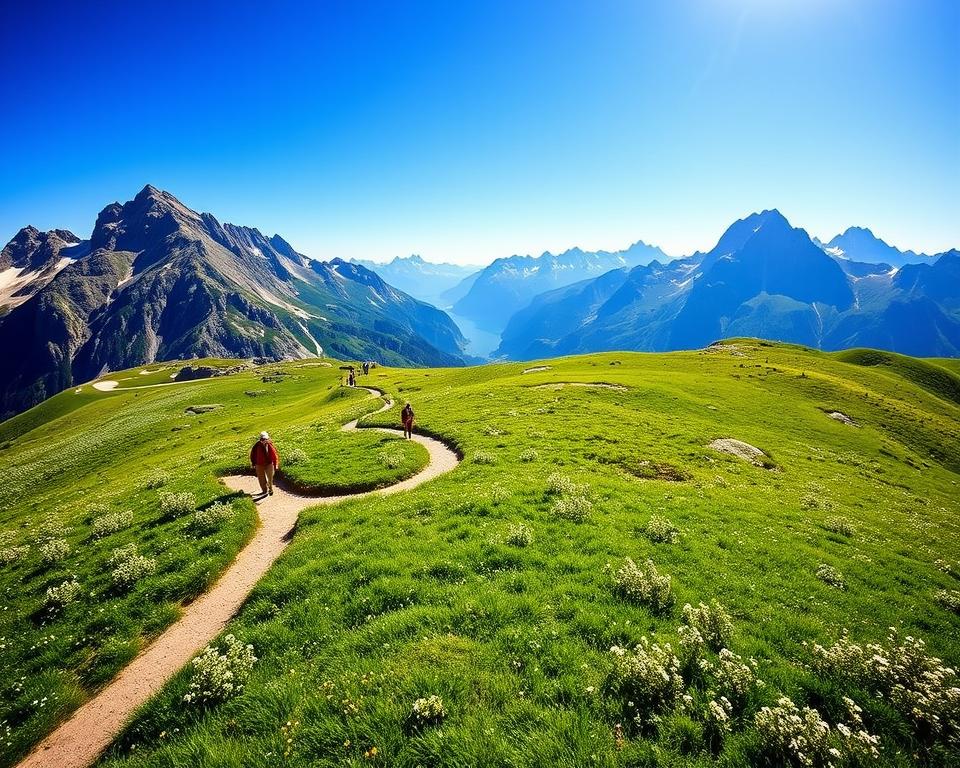 A breathtaking view of the Gipfeltour Walchensee, showcasing the majestic Herzogstand and Heimgarten mountains under a clear blue sky. In the foreground, a winding hiking trail curves through lush green meadows dotted with wildflowers, inviting adventurers to explore. In the middle ground, hikers in modest casual attire traverse the path, enjoying the stunning landscape. The background features towering peaks with patches of snow, creating a dramatic contrast against the azure sky. Soft sunlight bathes the scene in a warm glow, enhancing the vibrant colors of nature. Capture this serene moment with a wide-angle lens to emphasize the grandeur of the mountains and the vastness of the surrounding landscape, evoking a sense of adventure and tranquility.