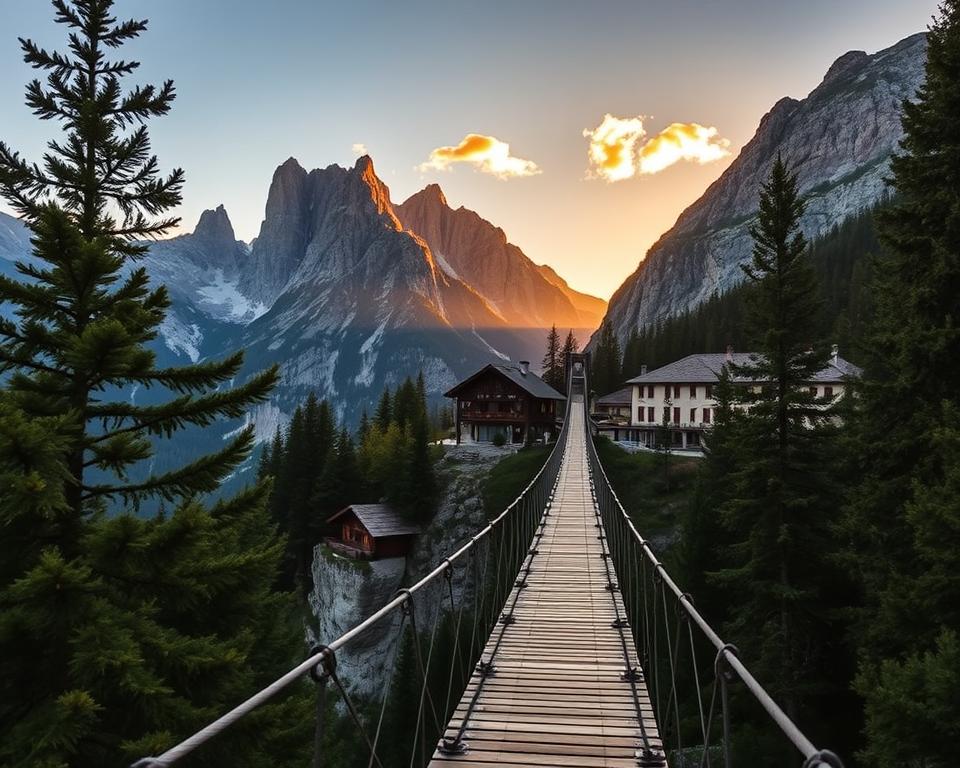 A breathtaking view of the Hängebrücke (suspension bridge) leading to the Olpererhütte in Tirol, captured during golden hour with warm, soft lighting. In the foreground, the sturdy wooden suspension bridge stretches gracefully across a deep valley, flanked by lush green pine trees. In the middle ground, the rustic Olpererhütte, set against majestic rocky peaks, is bathed in the warm glow of the setting sun. The background showcases the dramatic, towering Alps, with a few wispy clouds illuminated by the evening light. The scene conveys a sense of adventure and tranquility, inviting viewers to explore this stunning alpine setting. The image should focus on the natural beauty and the architectural elegance of the bridge without any people present.