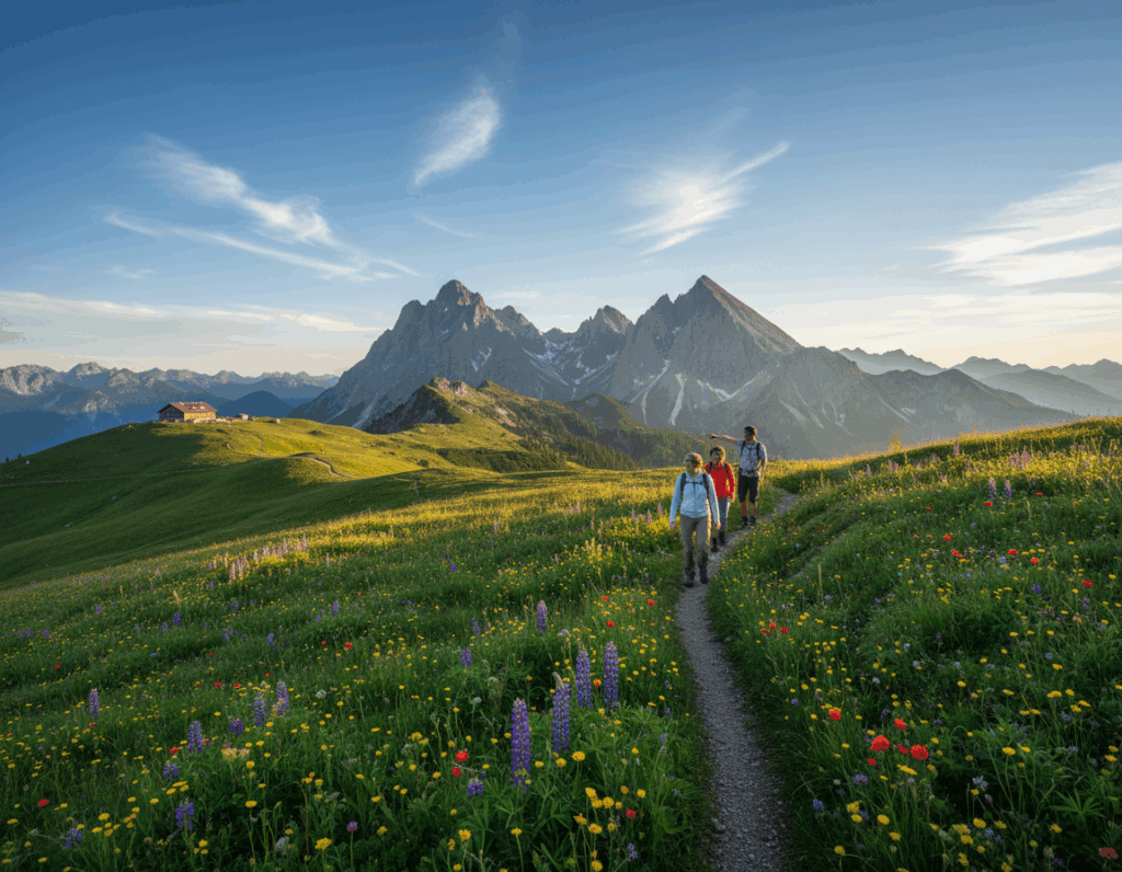 A breathtaking view of the Herzogstand Panoramaweg, showcasing a winding hiking trail lined with lush green meadows and vibrant wildflowers in the foreground. In the middle, majestic peaks rise dramatically, their rugged silhouettes contrasting against a clear blue sky. Wispy clouds drift lazily overhead, casting soft shadows across the landscape. A few hikers in modest casual attire are seen enjoying their journey, embodying the spirit of adventure. In the background, the scenic Tutzinger Hütte can be glimpsed nestled among the mountains, inviting passersby to rest. The sunlight bathes the scene in a warm, golden glow, enhancing the serene and invigorating atmosphere. The image is captured with a wide-angle lens to encompass the grand panoramic view, evoking a sense of wanderlust and connection to nature.