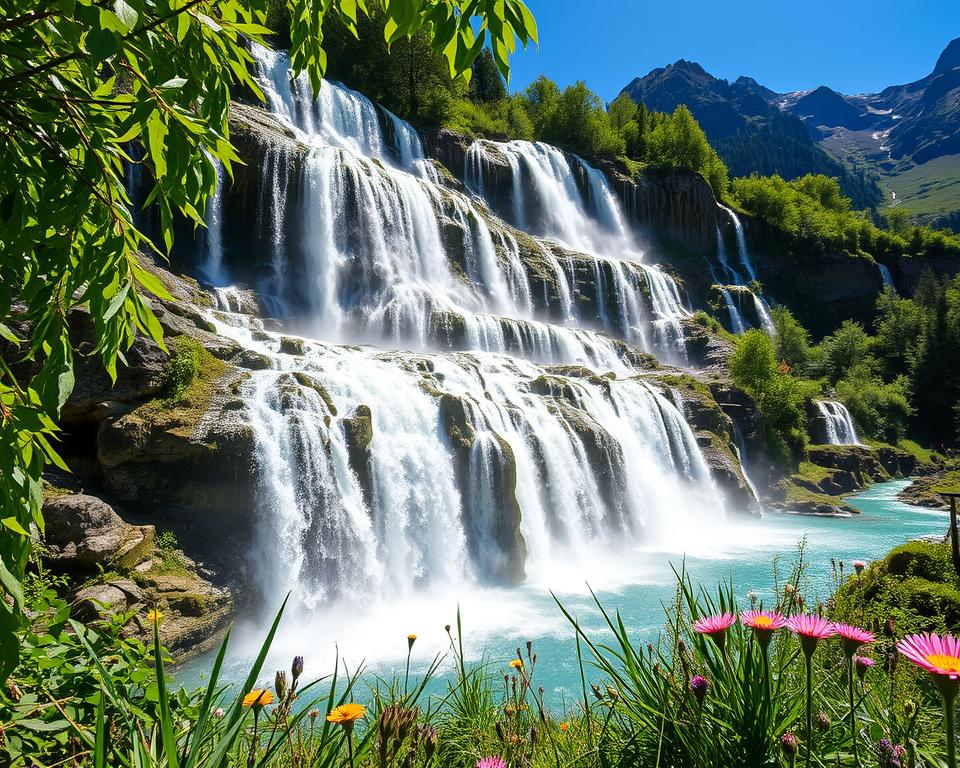 A breathtaking view of the Kuhflucht Waterfalls cascading down a rocky cliffside, showcasing multiple tiers of tumbling water. In the foreground, lush green foliage and wildflowers frame the scene, dripping with the freshness of recent rainfall. The middle ground features the waterfalls in vivid detail, sparkling under the sunlight, creating a misty atmosphere around the base. In the background, majestic mountains rise against a clear blue sky, enhancing the natural beauty of the location. The lighting is bright and vibrant, emphasizing the clear blue hues of the water and the rich greens of the surrounding plants. Capture this scene with a wide-angle lens from a lower perspective, creating a sense of scale and immersing the viewer in the tranquility and splendor of this natural jewel.