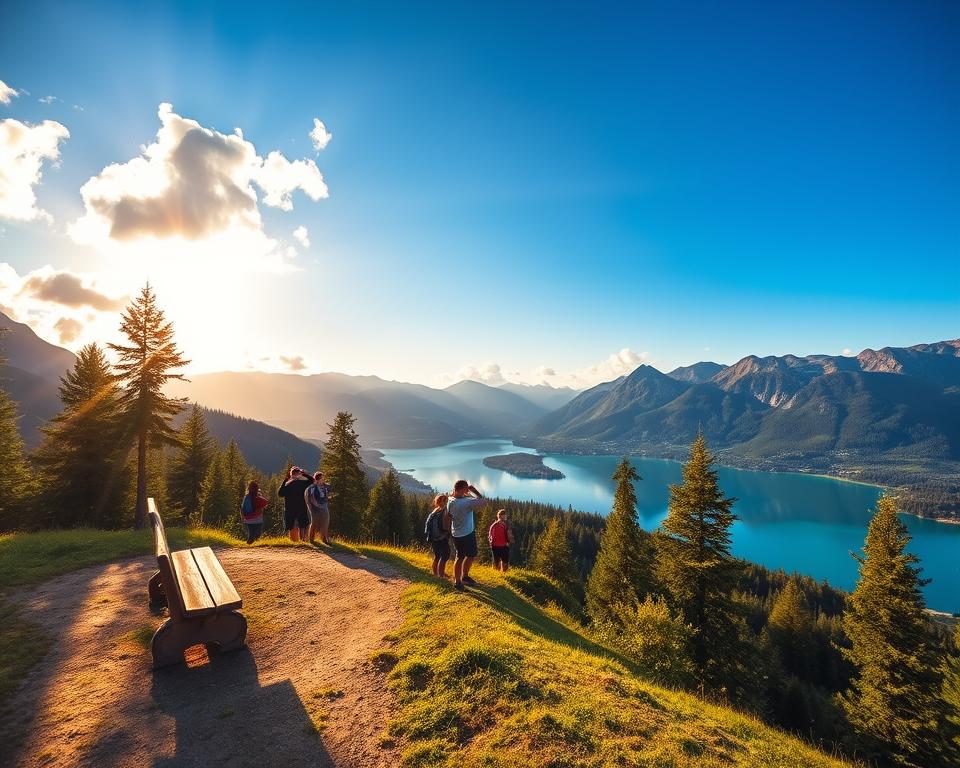 A breathtaking view of the Walchensee, highlighting its turquoise waters surrounded by lush green forests and dramatic mountain peaks. In the foreground, a well-worn hiking path leads to a picturesque viewpoint, with a comfortable wooden bench inviting contemplation. A clear, bright blue sky is dotted with soft, fluffy clouds, and golden sunlight filters through the trees, casting warm, inviting light across the scene. In the middle ground, hikers in modest casual clothing can be seen engaging with nature, capturing memories with their cameras. The background features towering mountains reflecting in the clear lake, enhancing the serene atmosphere of this idyllic hiking spot. The entire composition evokes a sense of tranquility and adventure, perfect for showcasing the beauty and photographic opportunities of the Walchensee.