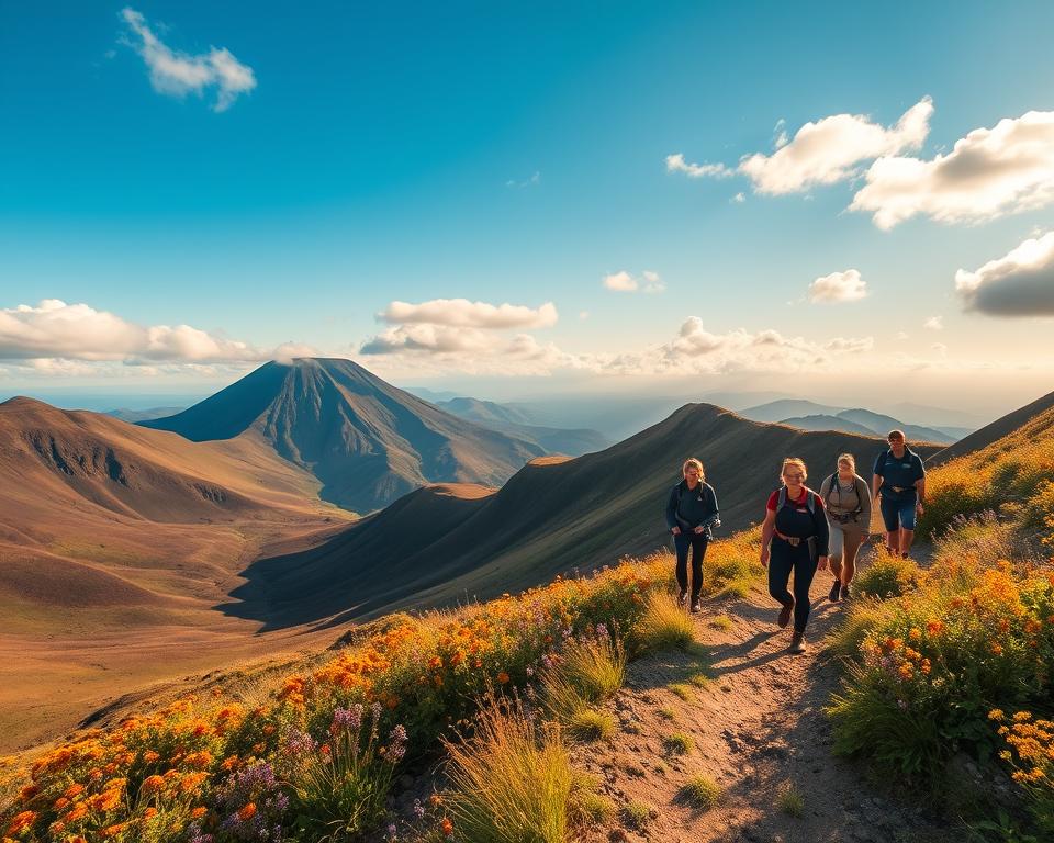 A breathtaking view of the challenging hiking trails in the Vulkaneifel region, showcasing rugged volcanic terrain. In the foreground, a narrow, winding path lined with vibrant wildflowers leads to a steep incline, capturing the essence of adventurous hikes. The middle ground features a group of hikers dressed in modest outdoor clothing, navigating the path with determination, their expressions reflecting focus and excitement. In the background, dramatic volcanic hills rise under a clear blue sky, with scattered clouds casting soft shadows, enhancing the sense of height and depth. The lighting is warm, suggesting late afternoon, with a soft golden hue bathing the scene, evoking a spirit of exploration and connection with nature. No text or symbols should be present in the image.