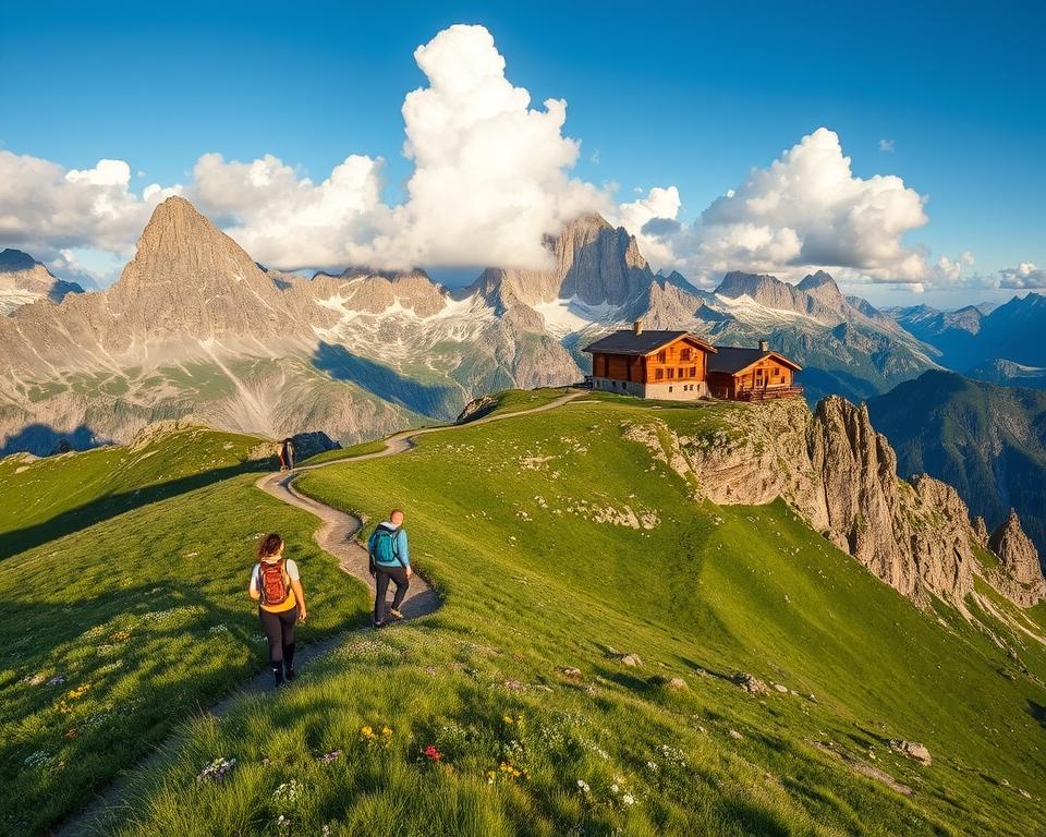 A breathtaking view of the classic ascent to Olpererhütte in Tyrol, featuring a scenic mountain trail winding through lush green alpine meadows dotted with colorful wildflowers. In the foreground, hikers in modest casual clothing navigate the path, surrounded by stunning rock formations. The middle ground reveals the sturdy Olpererhütte perched on a rocky outcrop, with its rustic wooden architecture blending harmoniously into the landscape. The background showcases towering snow-capped peaks under a blue sky with fluffy white clouds, casting soft shadows on the terrain. The lighting is warm and inviting, resembling the golden hour, creating an uplifting and adventurous atmosphere. The angle captures both the hikers and the Olpererhütte, illustrating the beauty and challenge of this iconic hike in the heart of the Alps.