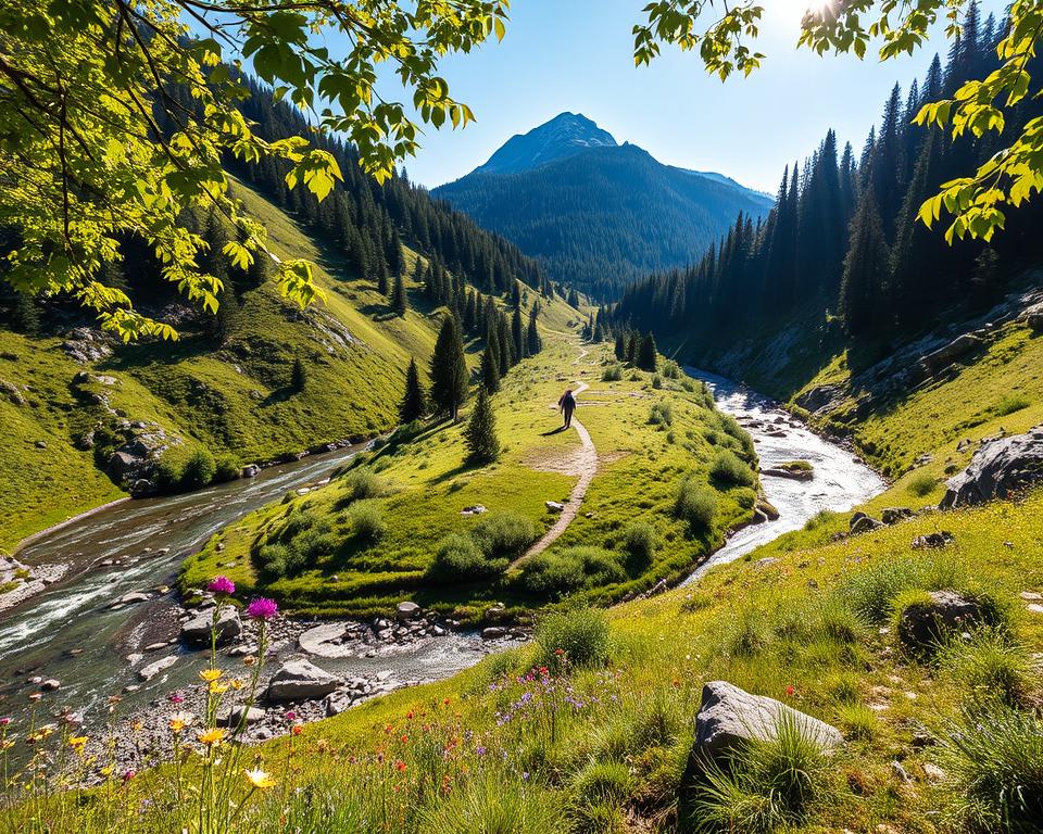 A captivating view of the Ilsetal valley near Ilsenburg, featuring a winding river that reflects the lush greenery and rugged terrain of the Harz mountains. The foreground includes vibrant wildflowers and scattered rocks, creating depth. In the middle ground, a narrow hiking trail meanders through dense forests, leading to more challenging ascents in the background; the Brocken peak looms majestically under a clear blue sky. Soft sunlight filters through the leaves, casting a warm glow over the landscape. The atmosphere is serene yet invigorating, inviting adventurers to explore the natural beauty. The scene captures the essence of hiking in this picturesque area, emphasizing the blend of tranquility and the thrill of exploration.