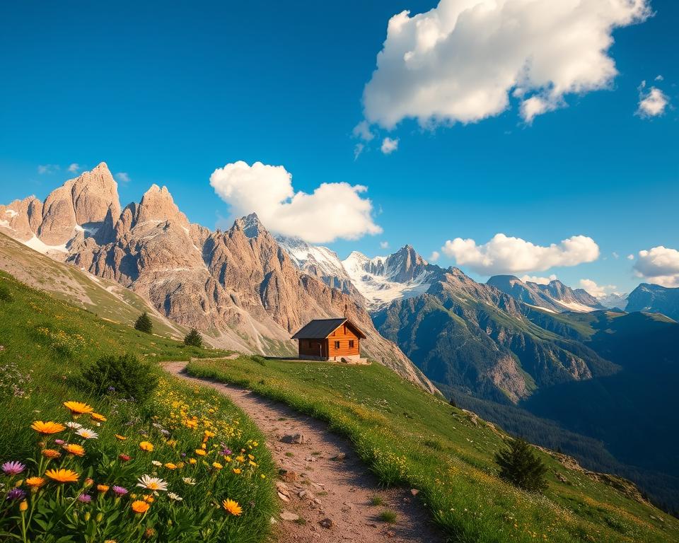 A captivating view of the Olpererhütte nestled in the Tirol mountains, surrounded by rugged peaks and lush greenery. In the foreground, a well-trodden hiking trail winds through vibrant alpine wildflowers, leading the eye towards the charming cabin. The middle ground features the Olpererhütte, its rustic wooden structure contrasting with the dramatic backdrop of soaring, snow-capped mountains under a bright blue sky. Puffs of white clouds float lazily, hinting at a beautiful day for hiking. The lighting is warm and inviting, suggesting either early morning or late afternoon, casting soft shadows across the landscape. The mood is serene and adventurous, capturing the essence of exploration and outdoor experience in this stunning setting.