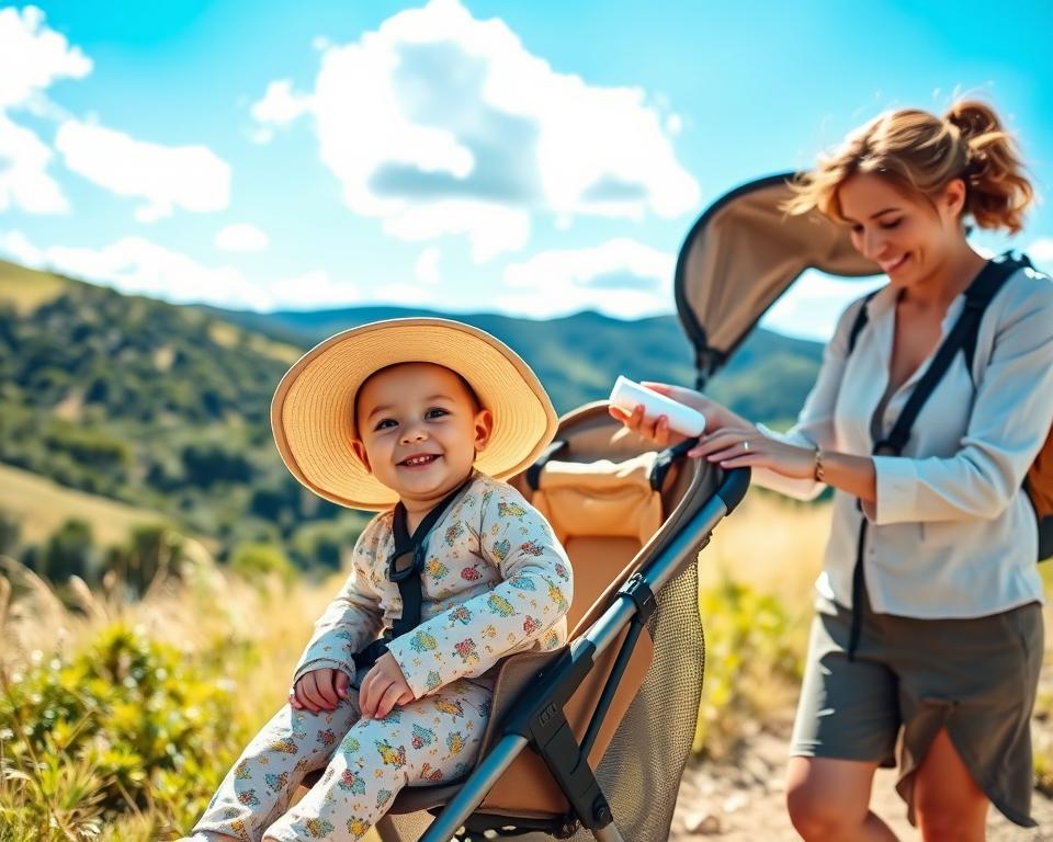 A cheerful outdoor scene depicting a baby comfortably seated in a sturdy stroller on a hiking trail. The foreground features the baby, protected by a broad-brimmed sun hat and lightweight, long-sleeved clothing, adorned with a colorful pattern. The stroller is equipped with a sunshade and insect netting. In the middle ground, a parent is helping secure a baby sunscreen lotion, dressed in casual, modest outdoor attire. The background includes lush greenery, gentle hills, and a bright blue sky with soft, fluffy clouds. The lighting is warm and inviting, suggesting a sunny day. The overall mood is joyful and relaxed, perfect for a family hiking adventure.