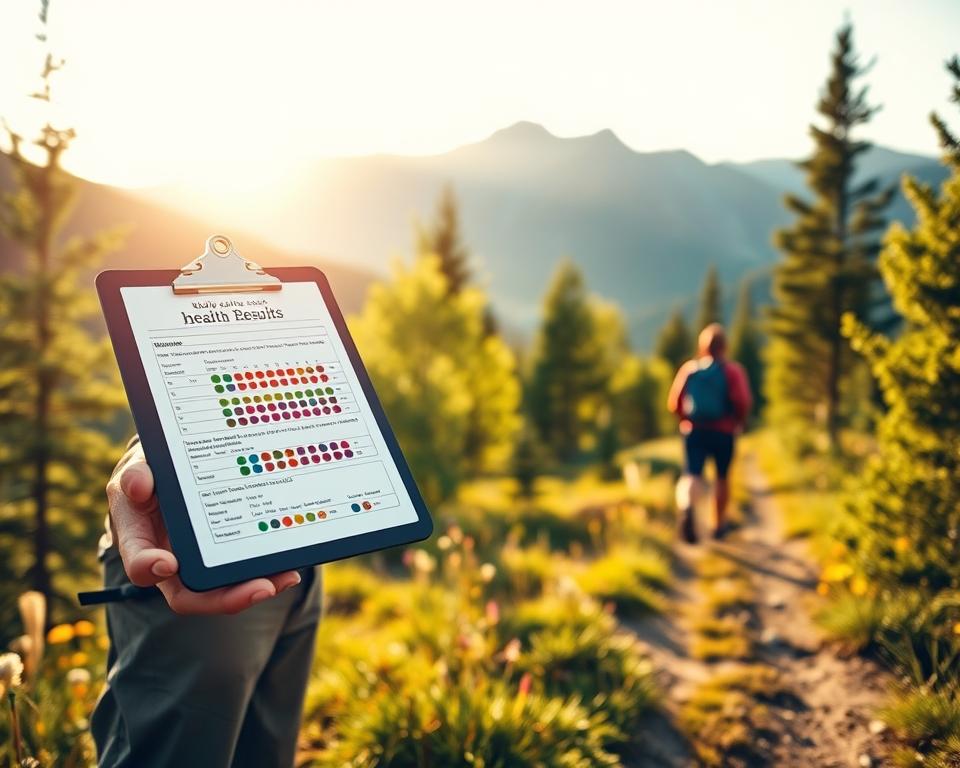 A close-up view of a professional health check setup in a serene outdoor setting, focusing on blood test results. In the foreground, a clipboard with colorful blood test results is held by a person in modest hiking attire, standing confidently. The middle ground features a tranquil hiking trail lined with lush green trees and wildflowers, symbolizing health and vitality. The background reveals a majestic mountain range under soft, golden sunlight, conveying a sense of adventure and wellness. The lighting is warm and inviting, emphasizing the brightness of the scene. The overall mood is uplifting and motivating, encouraging hikers to prioritize their health while enjoying nature.
