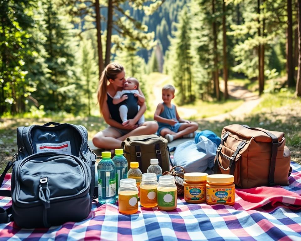 A comprehensive hiking packing list for families with a baby, showcased on a picnic blanket in a scenic outdoor setting. In the foreground, various essentials like a baby carrier, a small backpack, water bottles, baby food jars, and a soft blanket are neatly arranged. In the middle ground, a serene family of four, dressed in casual, comfortable clothing, enjoy the day, with a mother holding the baby in a carrier, and a father pointing towards a trail in the distance. The background features a lush green forest with sunlight filtering through the trees, creating a warm, inviting atmosphere. The overall mood is relaxed and joyful, emphasizing the enjoyment of nature and family bonding. The image should capture a bright, sunny day with vibrant colors, shot at eye level with a wide lens to encompass the landscape.