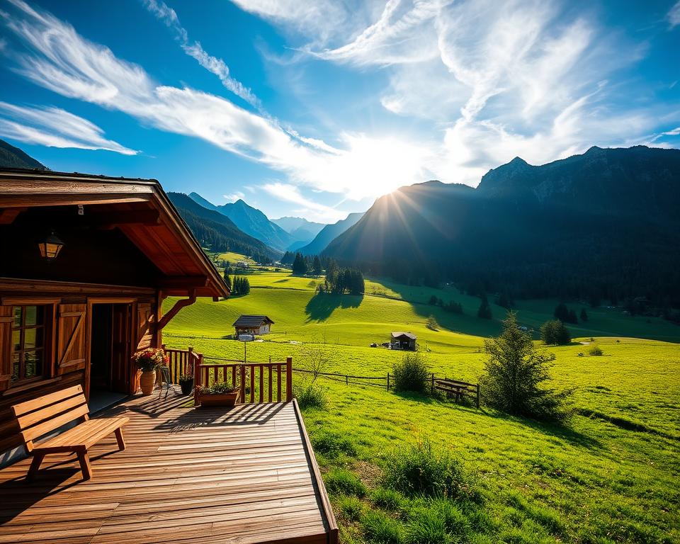 A cozy chalet nestled in the scenic Thierseetal valley, surrounded by lush green meadows and majestic mountains. In the foreground, a wooden deck with rustic seating showcases a stunning view of the rolling hills. The middle ground features the charming entrance of the chalet adorned with flowers, inviting travelers to relax. In the background, towering peaks are kissed by the warm glow of a late afternoon sun, casting long shadows and creating a serene atmosphere. The sky is a brilliant blue with wispy clouds, enhancing the tranquil mood. Use a slightly elevated angle to capture the depth of the landscape, showcasing the natural beauty of this Alpine retreat. The scene evokes a sense of peace and adventure, perfect for those seeking nature’s embrace.