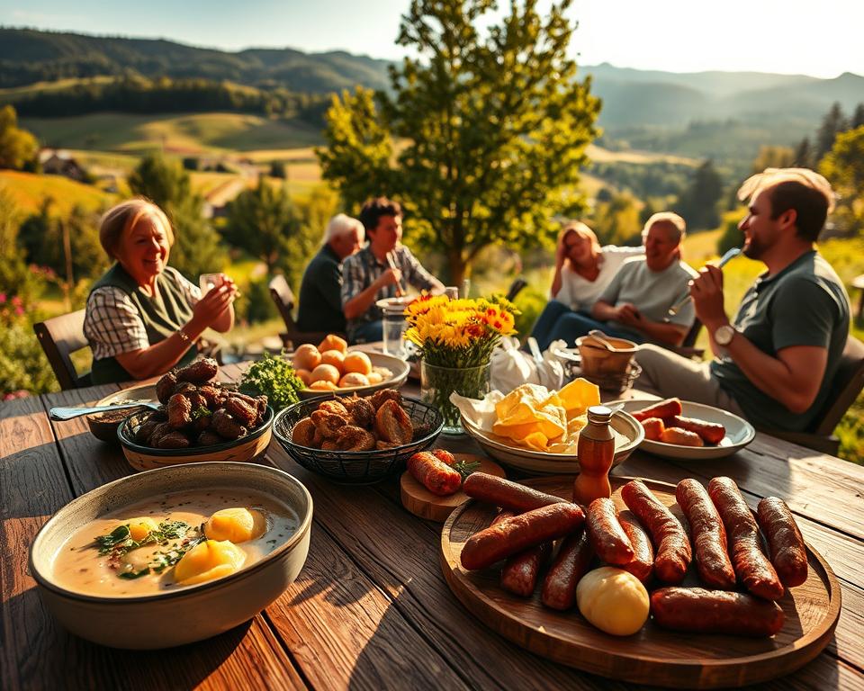 A cozy, inviting scene showcasing traditional Harz regional cuisine. In the foreground, a rustic wooden table laden with a hearty spread of local dishes, such as wild mushroom soup, potato dumplings, and smoked sausages, garnished with fresh herbs. In the middle, a picturesque outdoor dining area with people in modest casual clothing enjoying their meals and laughing, surrounded by lush green trees and vibrant wildflowers. In the background, gentle rolling hills of the Harz Mountains, bathed in warm, golden sunlight during the late afternoon, creating a tranquil and delightful atmosphere. Soft shadows enhance the natural textures of the landscape, captured at eye-level with a slightly blurred background to focus on the delicious food and the joyful ambiance of sharing a meal in nature.