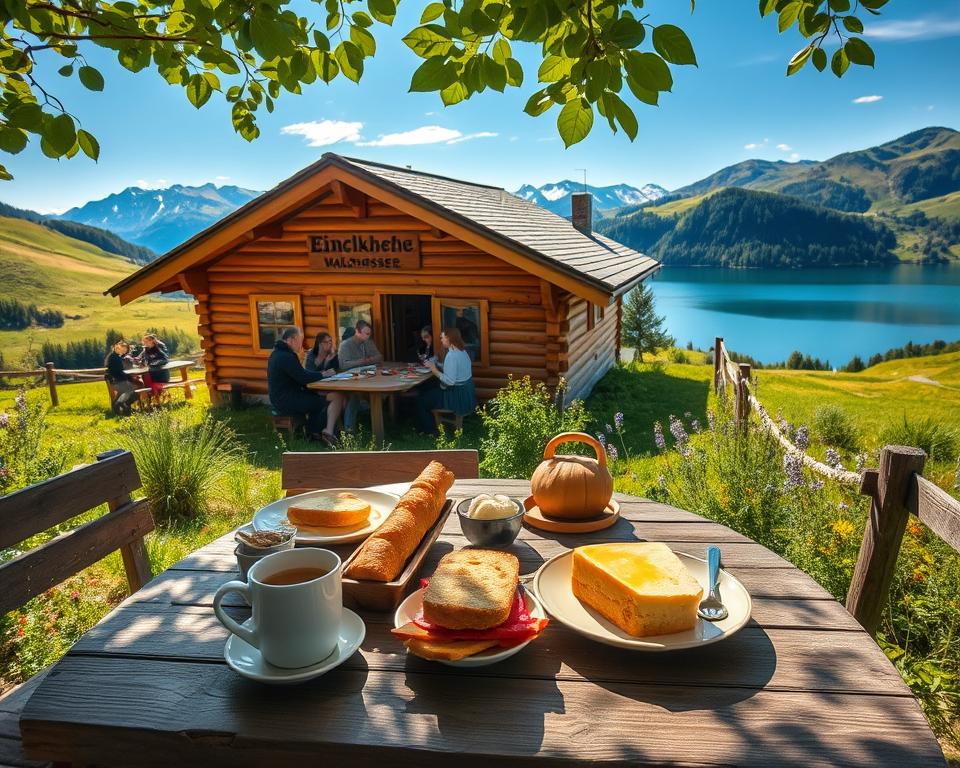 A cozy mountain hut at Einkehr Walchensee, surrounded by lush greenery and rolling hills. In the foreground, a rustic wooden table adorned with delicious regional dishes, such as Almkäse and freshly baked bread, with a steaming cup of herbal tea. In the middle ground, groups of hikers in modest casual clothing enjoying their meals and sharing stories, surrounded by blooming wildflowers. The background showcases the stunning clarity of Walchensee Lake, reflecting the blue sky and distant snow-capped mountains. Soft, warm sunlight filters through leaves, creating dappled light patterns on the ground, conveying a peaceful and inviting atmosphere that epitomizes Genusswandern. Use a slightly elevated angle, simulating a gentle drone perspective, for a fresh and airy composition.