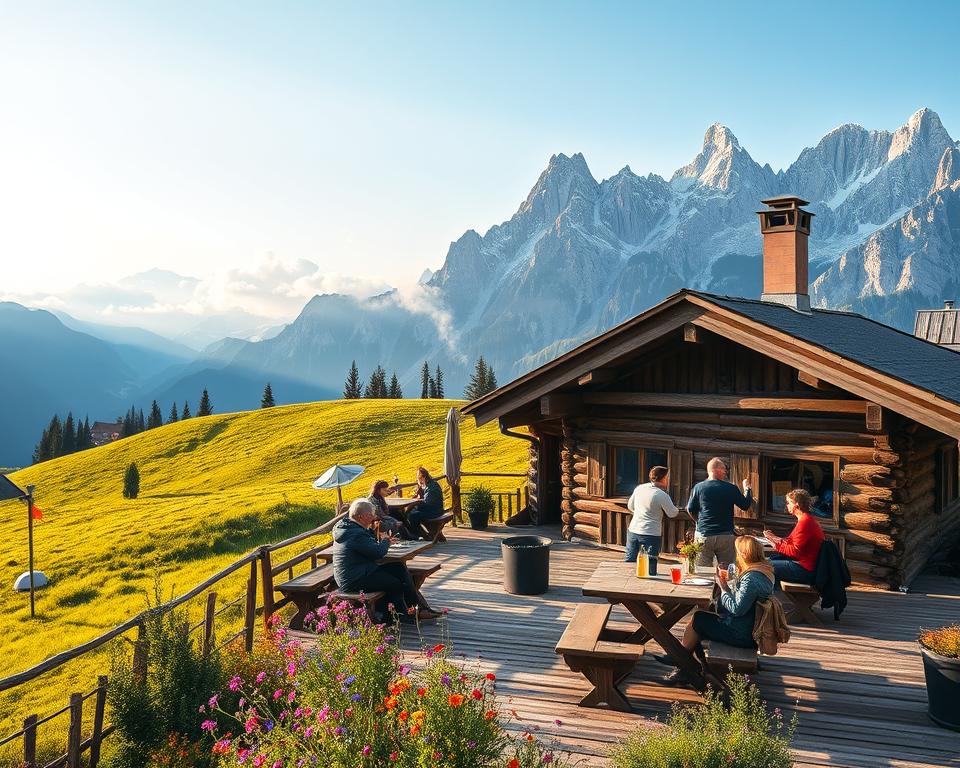 A cozy mountain hut nestled in the picturesque Bavarian Alps, surrounded by lush green meadows and towering peaks. In the foreground, a wooden terrace is adorned with colorful wildflowers and wooden tables set for outdoor dining. A few hikers in modest casual clothing enjoy a meal, laughter filling the air, while others sit sipping warm drinks. The middle ground features the rustic hut with smoke gently rising from the chimney, set against a backdrop of majestic mountains illuminated by soft, golden sunlight. The sky is clear with a few fluffy clouds, enhancing the serene atmosphere. The scene captures the essence of adventure and relaxation after a long hike, with an inviting and warm ambiance. A cozy mountain hut nestled in the picturesque Bavarian Alps, surrounded by lush green meadows and towering peaks. In the foreground, a wooden terrace is adorned with colorful wildflowers and wooden tables set for outdoor dining. A few hikers in modest casual clothing enjoy a meal, laughter filling the air, while others sit sipping warm drinks. The middle ground features the rustic hut with smoke gently rising from the chimney, set against a backdrop of majestic mountains illuminated by soft, golden sunlight. The sky is clear with a few fluffy clouds, enhancing the serene atmosphere. The scene captures the essence of adventure and relaxation after a long hike, with an inviting and warm ambiance.
