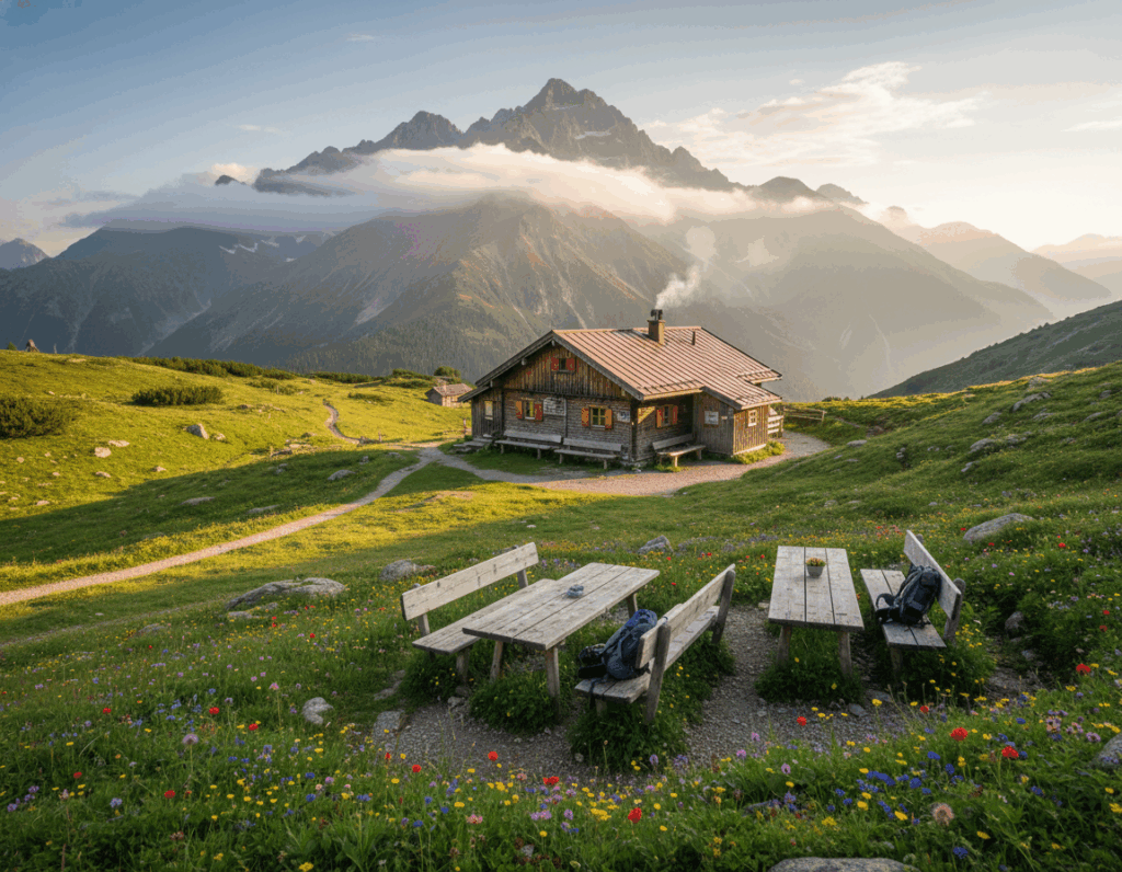 A cozy mountain hut, the Reintalangerhütte, nestled in the stunning scenery of the Zugspitze region. In the foreground, wooden benches are set out for weary hikers, surrounded by wildflowers in vibrant colors. The middle ground features the rustic charm of the Reintalangerhütte with its wooden façade, smoke curling from the chimney. In the background, the majestic Zugspitze peak rises, partially shrouded in clouds, bathed in warm golden sunlight during the golden hour, creating a serene atmosphere. Capture the lush green alpine meadows leading up to the hut, with hiking trails visible. The scene conveys a sense of tranquility and adventure, perfect for travelers seeking a peaceful overnight stay amidst nature's beauty. Use a wide-angle lens for depth, soft focus background for emphasis on the hut, and warm lighting to evoke a welcoming ambiance.