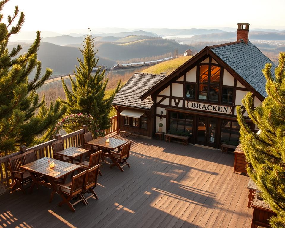 A cozy mountain inn, "Einkehr Brocken," situated at the peak of Brocken in the Harz Mountains, invites visitors to unwind after a hike. In the foreground, a wooden terrace with rustic tables and chairs encourages guests to enjoy meals outdoors, surrounded by pine trees. In the middle ground, the charming inn with its traditional timber-frame architecture and large windows offers a warm, welcoming atmosphere. In the background, rolling hills and a scenic view of the Brockenbahn steam train winding through the landscape. The lighting is soft and golden, suggesting late afternoon with long shadows. The mood is inviting and tranquil, ideal for hikers seeking rest and reflection in nature.