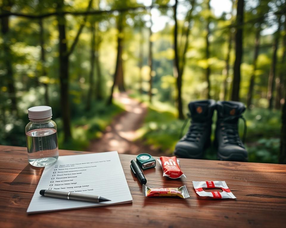 A detailed checklist for hikers, artistically arranged on a wooden table in a serene forest setting. In the foreground, neatly organized items include a notepad with bullet points, a pen, a water bottle, energy bars, a first-aid kit, and hiking boots. The middle ground features a blurred view of a lush, green trail winding through trees, suggesting an inviting journey ahead. In the background, soft sunlight filters through the branches, casting dappled light on the scene, enhancing the feeling of tranquility and preparedness. The atmosphere is calm and reflective, encouraging self-assessment and wellness before embarking on the adventure, captured from a slightly elevated angle to include the check items prominently.