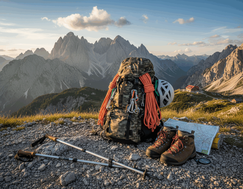 A detailed composition showcasing essential hiking gear for mountain climbing in Bavaria, featuring sturdy, high-quality trekking poles, a durable backpack packed with climbing essentials, and stylish yet functional hiking boots. In the foreground, place a well-organized set of mountain gear laid out on rocky terrain. In the middle ground, add a breathtaking view of the Bavarian Alps, showcasing peaks under a clear blue sky, with soft sunlight illuminating the landscape. The background should include a glimpse of the Tutzinger Hütte nestled in the mountains, enhancing the adventurous atmosphere. Capture this scene with warm, natural lighting that reflects a tranquil yet invigorating mood, employing a wide-angle lens to encapsulate the vast beauty of the surroundings.