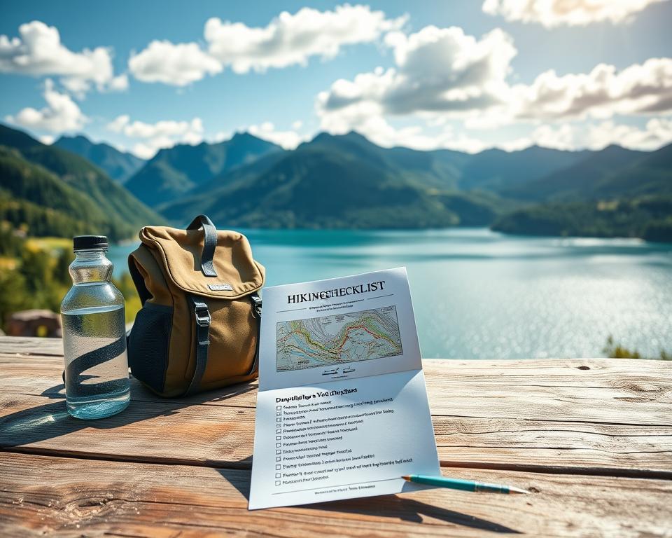 A detailed hiking checklist is displayed prominently on a rustic wooden table in the foreground, featuring items like a durable backpack, water bottle, hiking boots, a map of the Walchensee region, energy snacks, and a first aid kit. In the middle ground, a scenic view of the Walchensee Lake is captured, surrounded by lush green mountains under a bright blue sky with fluffy white clouds. Soft sunlight bathes the scene, casting gentle shadows for a warm, inviting atmosphere. The camera angle is slightly elevated to encompass both the checklist and the stunning landscape, emphasizing the connection between preparation and adventure. The mood is serene and adventurous, inspiring viewers to explore the hiking trails.