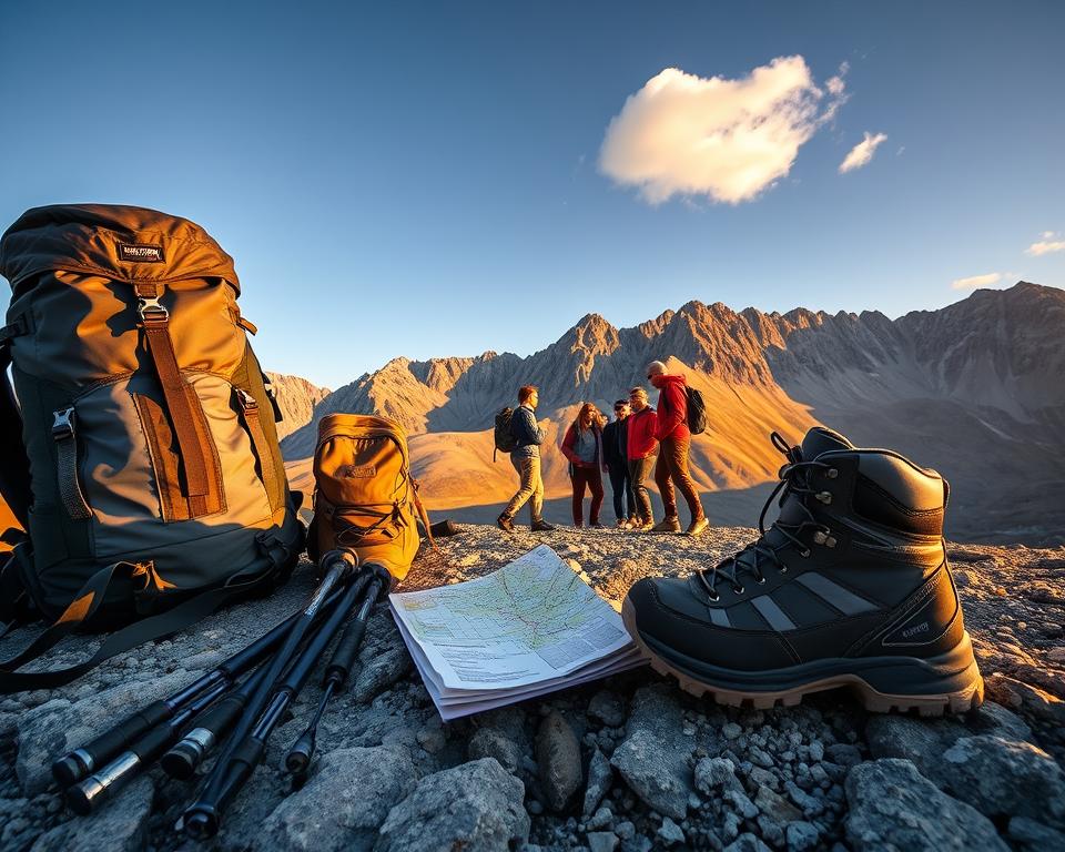 A detailed hiking gear scene representing "Ausrüstung Benediktenwand." In the foreground, an array of essential hiking equipment including a durable backpack, trekking poles, sturdy hiking boots, and a map, neatly arranged on a rocky surface. In the middle ground, a small group of hikers, dressed in professional outdoor attire like weather-resistant jackets and cargo pants, is actively discussing the route, displaying a sense of camaraderie. The background features the stunning Benediktenwand mountain range, bathed in golden hour sunlight, casting long shadows and highlighting the rugged terrain. The atmosphere is adventurous and inviting, with a clear blue sky above and a few fluffy clouds. Use a wide-angle lens to capture the expansive landscape and create a sense of depth, emphasizing the natural beauty of the hiking environment.
