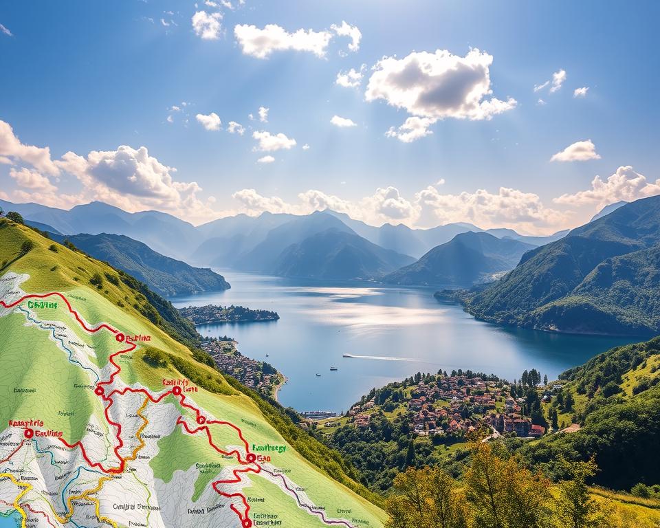 A detailed hiking map of Lake Como, showcasing various trekking routes through lush green hills and picturesque villages. In the foreground, include intricate map symbols and vibrant color-coded trails leading through diverse landscapes. The middle ground should feature a serene view of Lake Como, reflecting the soft golden light of a late afternoon sun, with small boats gently bobbing on the water. In the background, majestic mountains rise, partially shrouded in light mist, under a clear blue sky dotted with fluffy white clouds. The atmosphere should evoke a sense of adventure and exploration, inviting viewers to discover the beauty of this region. Use a wide-angle perspective to capture the grandiosity of the scenery, enhancing the feeling of openness and tranquility.