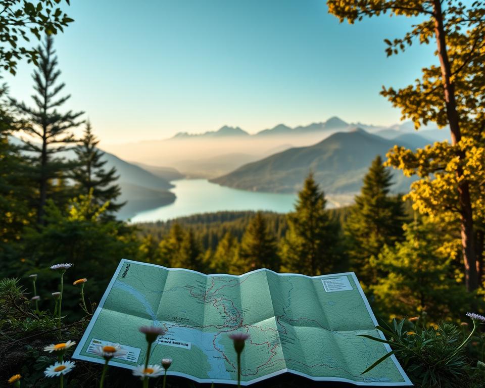 A detailed hiking map of Walchensee displayed prominently in the foreground, with clear trail routes marked in vivid colors. Surrounding the map, lush green foliage and wildflowers capture the natural beauty of the area, emphasizing the outdoor experience. In the middle ground, scenic views of the turquoise Walchensee lake shimmer under soft, golden sunlight, reflecting the surrounding mountains. The background features majestic, rolling hills and peaks, partially shrouded in mist, creating a sense of depth and adventure. The atmosphere is serene, encouraging exploration, with gentle sunlight filtering through the trees. Capture the essence of outdoor navigation, focus on clarity and visual appeal, and maintain realism in the depiction without any text or overlays.