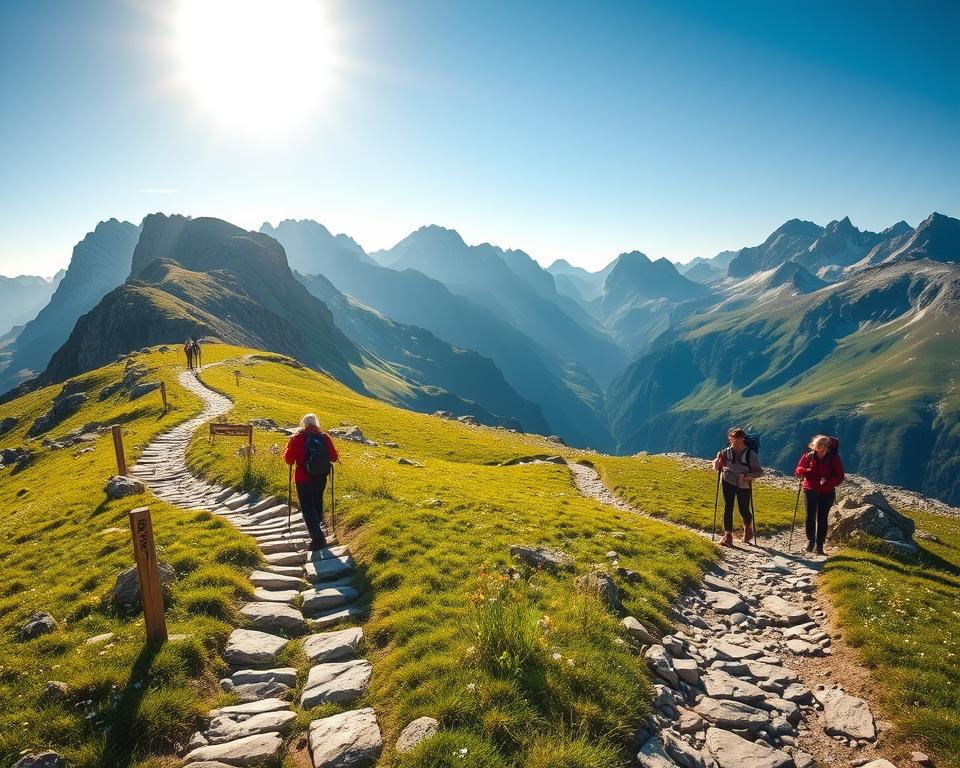 A detailed hiking route of Benediktenwand, featuring a winding, scenic path through lush green meadows and rocky outcrops. In the foreground, a well-marked trail with stones and small wooden signs guides the way, dotted with colorful wildflowers. The middle ground showcases hikers in modest casual clothing, enjoying the view, with backpacks and trekking poles, capturing the essence of adventure. The background reveals the stunning Benediktenwand mountain range, with dramatic peaks under a clear blue sky illuminated by warm, golden sunlight. The atmosphere is serene and inviting, perfect for a hiking experience. The image has a wide-angle perspective, emphasizing depth and majesty without any text or logos.