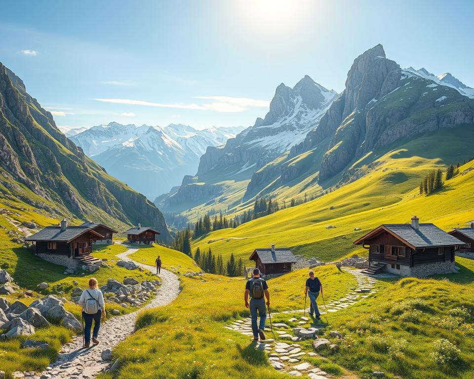 A detailed illustration of the "Stubaier Höhenweg," showcasing a mapped section of the trail for an 8-day hiking adventure. In the foreground, a rugged alpine trail winds by charming mountain huts, with hikers in modest casual clothing enjoying the scenery. The middle ground features lush green meadows dotted with wildflowers, leading up to steep, rocky mountain faces. The background reveals majestic snow-capped peaks under a clear blue sky, illuminated by soft, warm sunlight, creating a serene and inviting atmosphere. The image captures the vibrancy of the Alps, with a focus on nature's beauty and the essence of the hiking experience, emphasizing the trail's allure.