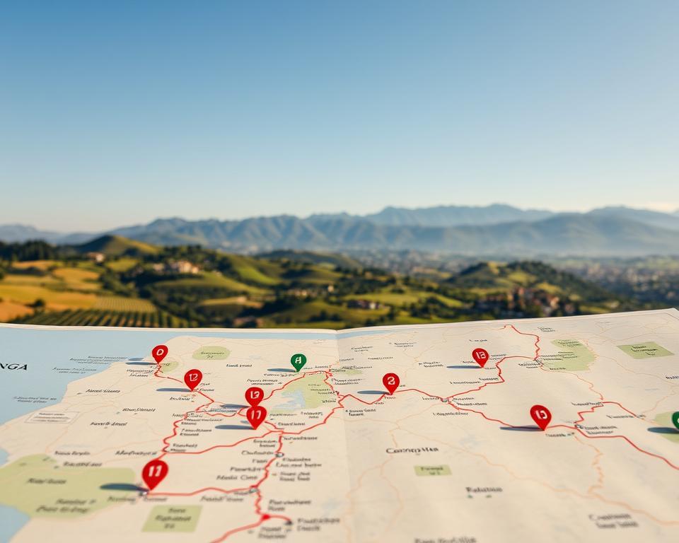 A detailed map of the Camino Portuguese trail, highlighting various stages of the pilgrimage. In the foreground, include markers indicating daily distances and rest spots along the route. In the middle ground, depict tranquil landscapes featuring rolling hills, vineyards, and picturesque villages typical of Portugal, with a clear blue sky overhead. In the background, mountains gently fade into the horizon. The overall scene is bathed in soft, warm sunlight, creating a peaceful and inviting atmosphere. The image should evoke a sense of adventure and preparation for the journey, capturing the essence of planning a pilgrimage while maintaining a serene vibe. Ensure no human figures are present, focusing solely on the scenic beauty and map details.