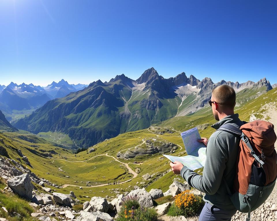 A detailed panoramic view of the Stubaier Höhenweg in the Alps, showcasing a rugged mountain landscape with vibrant green valleys and rocky peaks under a bright blue sky. In the foreground, include a hiker with a modest backpack, dressed in functional hiking attire, consulting a map to symbolize adventure planning. In the middle ground, display winding hiking trails with small groups of hikers, terraced pastures, and vibrant wildflowers. The background features towering alpine mountains dusted with snow, creating a majestic backdrop. The scene is bathed in warm sunlight, highlighting the textures of the rocks and the lush greenery, evoking a mood of adventure and excitement, ideal for outdoor enthusiasts.