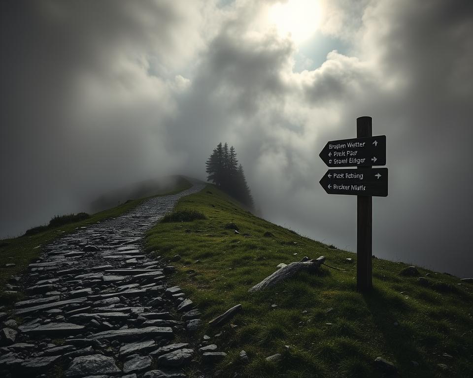 A dramatic scene depicting "Brocken Wetter" on the Brocken mountain in the Harz region. In the foreground, a rugged rocky path leads up the mountain, partially obscured by swirling fog and low-hanging clouds, conveying the unpredictable weather. The middle ground features a solitary wooden signpost pointing towards various hiking routes, with wet grass glistening under dim, diffused sunlight breaking through the clouds. The background reveals the iconic Brocken summit, partially shrouded in mist, with dark, looming trees creating a sense of isolation. The atmosphere is mysterious and ethereal, embodying the unpredictable climate of the region. Capture this with a soft focus lens, highlighting the interplay of light and shadow, evoking a serene yet ominous mood that invites exploration.