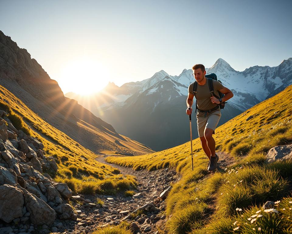 A dynamic alpine scene showcasing a hiker in modest casual clothing, emphasizing physical fitness, as they ascend a rugged mountain trail. In the foreground, the hiker, a fit individual, is captured mid-stride with a focused expression, clad in hiking gear appropriate for high-altitude trekking. The middle ground features a steep, rocky path winding upwards through vibrant green alpine meadows scattered with wildflowers, symbolizing the challenges of elevation gain. Majestic snow-capped peaks loom in the background, bathed in the warm glow of golden hour sunlight, casting long shadows and creating a sense of depth. The atmosphere is motivational and serene, inspiring a sense of adventure and the exhilaration of conquering high altitudes.
