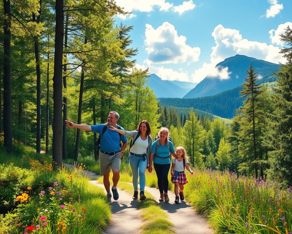 A family of four—two adults and two children—walking along a trail in the Harz Mountains, surrounded by lush green forests and vibrant wildflowers. The foreground features the family, dressed in casual hiking attire, smiling and pointing towards a scenic view. In the middle ground, the winding path leads through tall trees, casting dappled sunlight that filters through the leaves, creating a warm and inviting atmosphere. The background showcases the majestic peaks of the Harz, partially shrouded in mist, under a clear blue sky with fluffy white clouds. The image should convey a sense of adventure and togetherness, capturing the joy of family exploration in nature, with a soft focus to enhance the serene mood.