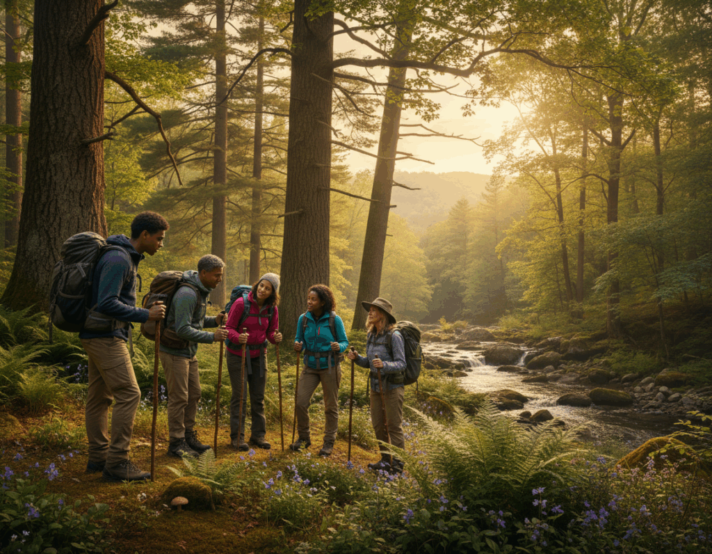 A guided nature hike through a serene forest. In the foreground, a small group of diverse individuals dressed in modest casual clothing, with backpacks and walking sticks, engaged in observing the lush greenery and vibrant wildflowers. The middle layer features towering trees, their branches interlacing above, allowing dappled sunlight to filter through, creating a play of light and shadows on the forest floor. In the background, gentle hills and a hint of a babbling brook add depth to the scene. The atmosphere is peaceful and inviting, evoking a sense of adventure and connection to nature. The lighting is warm and soft, captured from a slightly lower angle to emphasize the majesty of the trees above. A guided nature hike through a serene forest. In the foreground, a small group of diverse individuals dressed in modest casual clothing, with backpacks and walking sticks, engaged in observing the lush greenery and vibrant wildflowers. The middle layer features towering trees, their branches interlacing above, allowing dappled sunlight to filter through, creating a play of light and shadows on the forest floor. In the background, gentle hills and a hint of a babbling brook add depth to the scene. The atmosphere is peaceful and inviting, evoking a sense of adventure and connection to nature. The lighting is warm and soft, captured from a slightly lower angle to emphasize the majesty of the trees above.