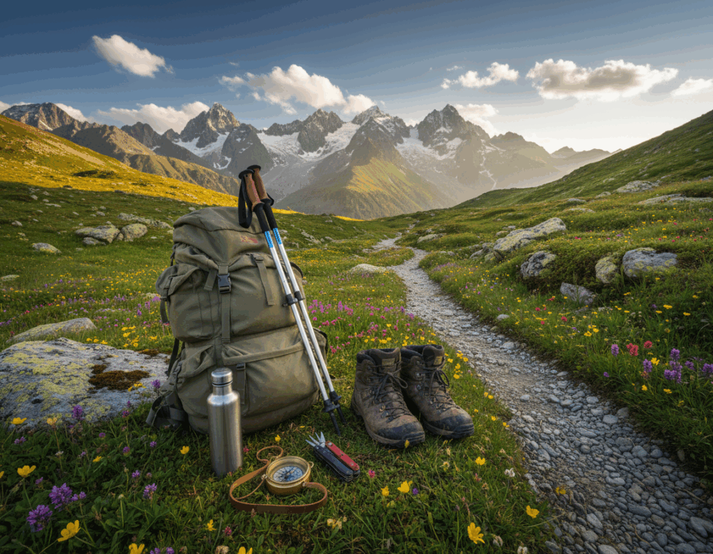 A lush mountain landscape, showcasing essential hiking gear for a successful trekking adventure. In the foreground, a sturdy backpack with trekking poles leaning against it, alongside a pair of durable hiking boots. Scattered around are a compass, water bottle, and a multi-tool. Midground features a winding trail leading through vibrant wildflowers and rocky terrain, with patches of soft grass. In the background, majestic snow-capped peaks under a clear blue sky, with wisps of clouds illuminated by the warm, golden light of late afternoon. The atmosphere is serene and adventurous, emphasizing preparation and connection with nature. Capture this scene with a wide-angle lens to encompass the breathtaking beauty of the outdoors. A lush mountain landscape, showcasing essential hiking gear for a successful trekking adventure. In the foreground, a sturdy backpack with trekking poles leaning against it, alongside a pair of durable hiking boots. Scattered around are a compass, water bottle, and a multi-tool. Midground features a winding trail leading through vibrant wildflowers and rocky terrain, with patches of soft grass. In the background, majestic snow-capped peaks under a clear blue sky, with wisps of clouds illuminated by the warm, golden light of late afternoon. The atmosphere is serene and adventurous, emphasizing preparation and connection with nature. Capture this scene with a wide-angle lens to encompass the breathtaking beauty of the outdoors.