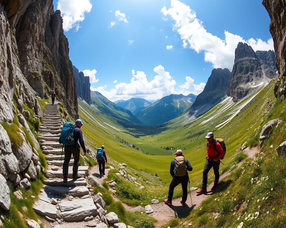 A panoramic mountain landscape showcasing a rugged hiking trail in the Austrian Alps, featuring a narrow rocky path winding along a steep cliff. In the foreground, a group of hikers dressed in professional outdoor attire, exhibiting balanced stances to illustrate safety while navigating the terrain. They appear focused and confident, demonstrating proper hiking techniques. The middle ground includes lush green meadows dotted with wildflowers, leading up to towering rocky peaks. In the background, a clear blue sky with soft, fluffy clouds bathes the scene in warm sunlight, creating a serene, inviting atmosphere. The overall mood conveys adventure while emphasizing the importance of safety in mountain hiking. Shot at a slight upward angle to capture the grandeur of the mountains and the path’s challenging nature.